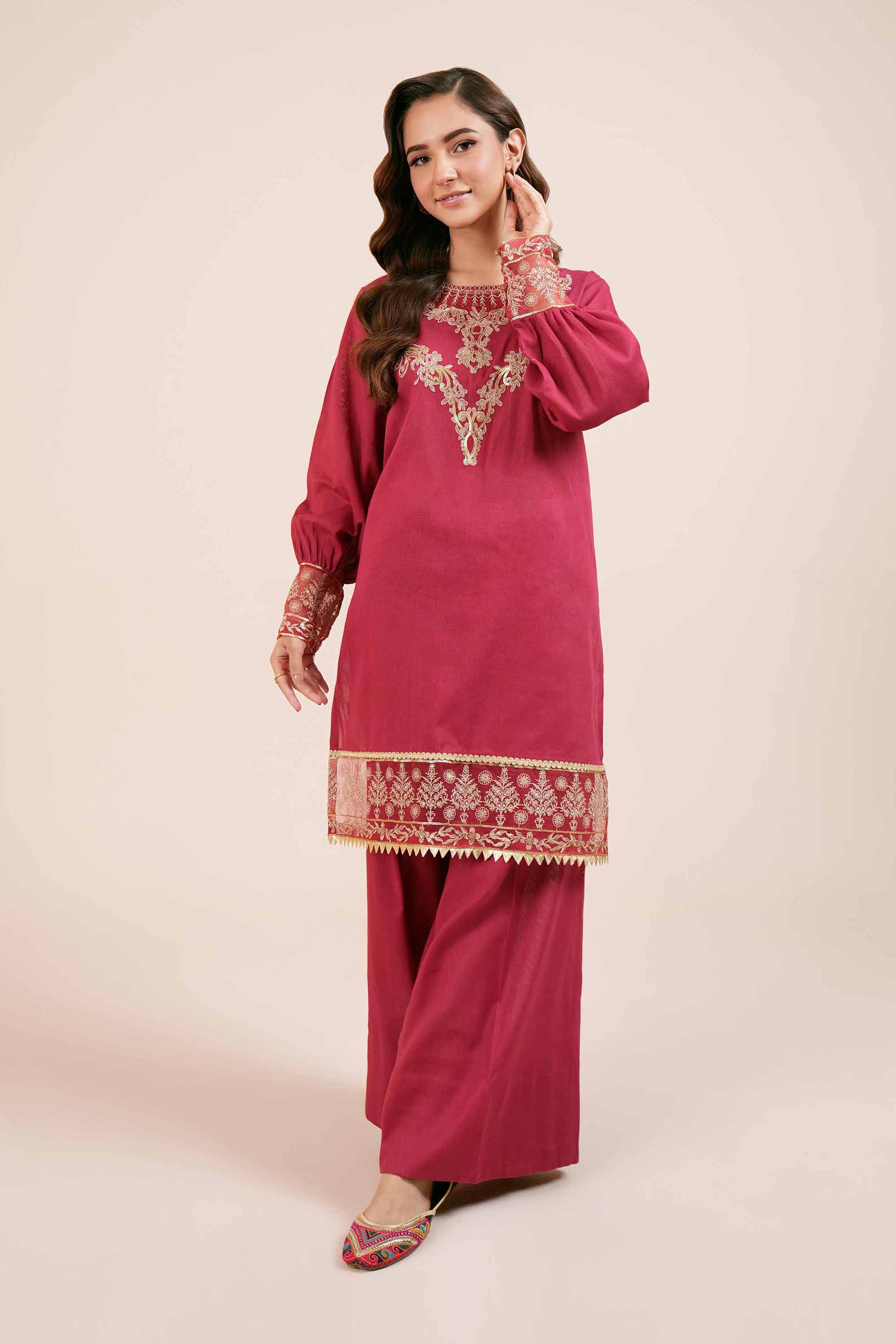 NishatUK - Red Embroidered Cotton 2-piece unstitched Dress