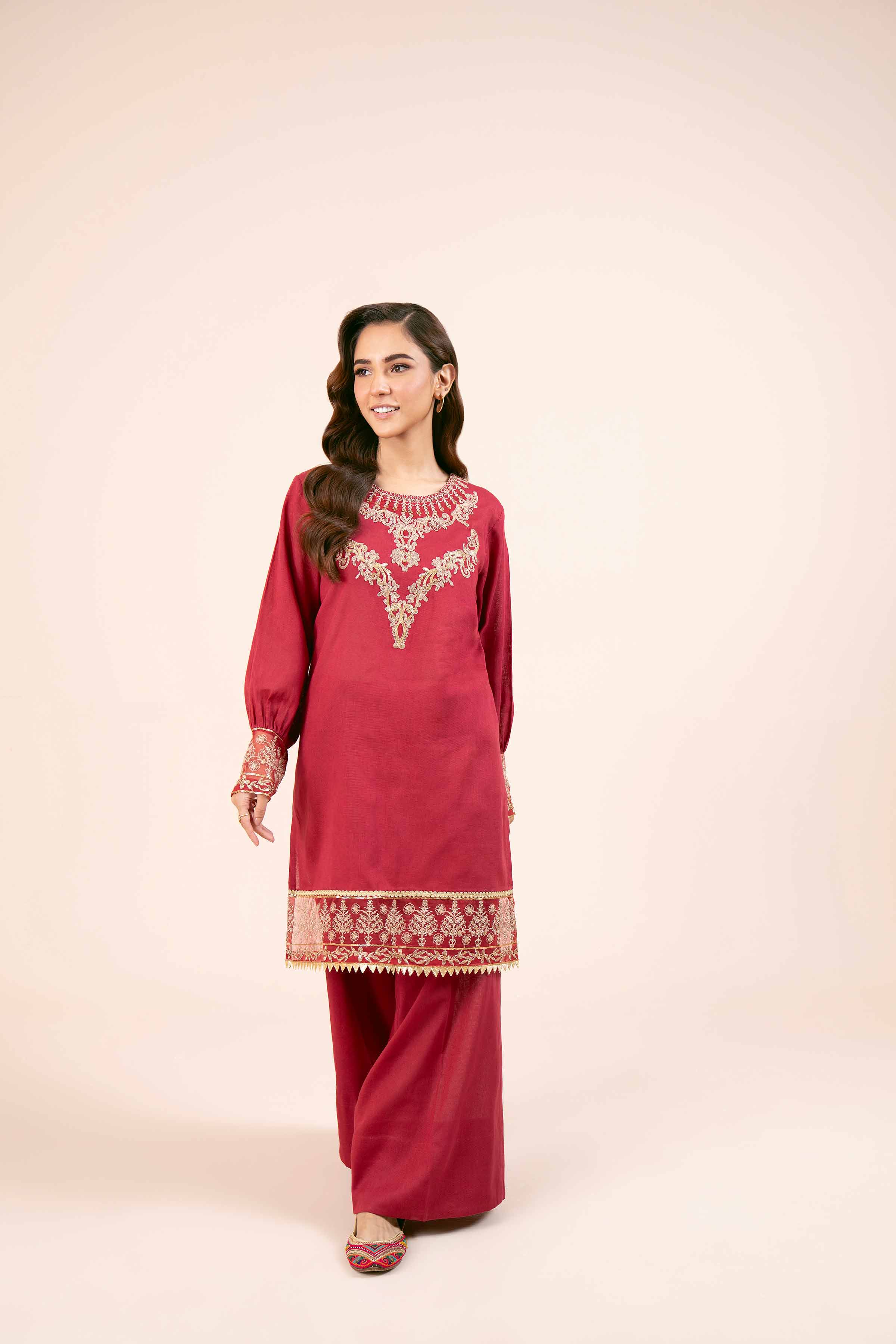 NishatUK - Red Embroidered Cotton 2-piece unstitched Dress