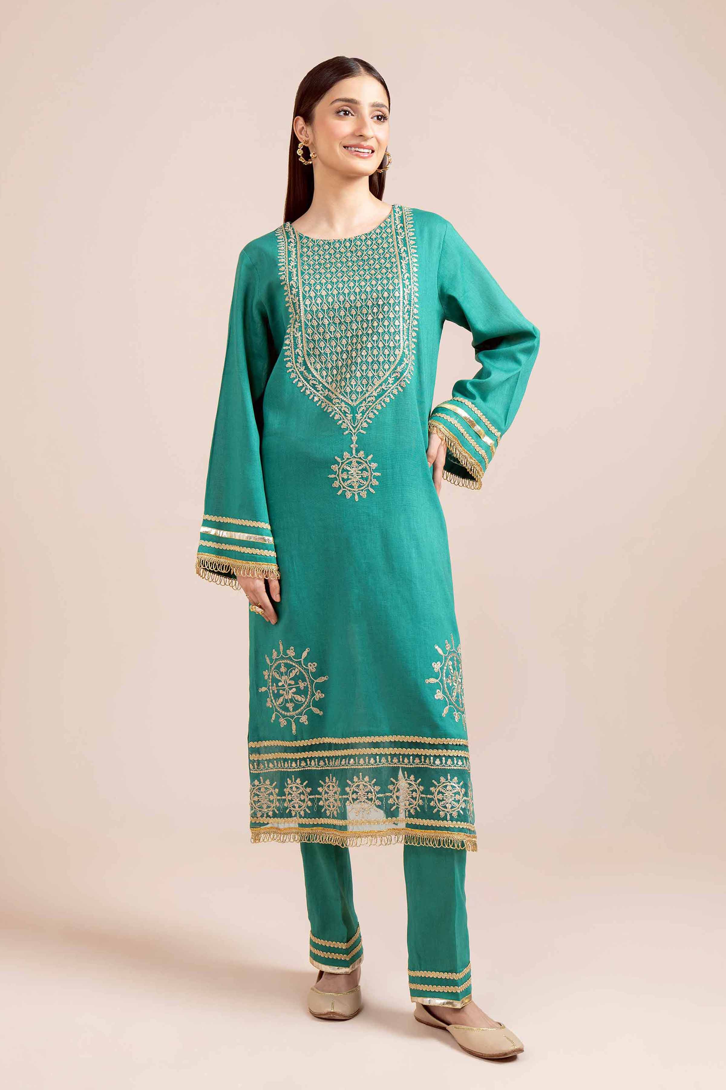 NishatUK - Sea Green Embroidered Cotton 2-piece unstitched Dress