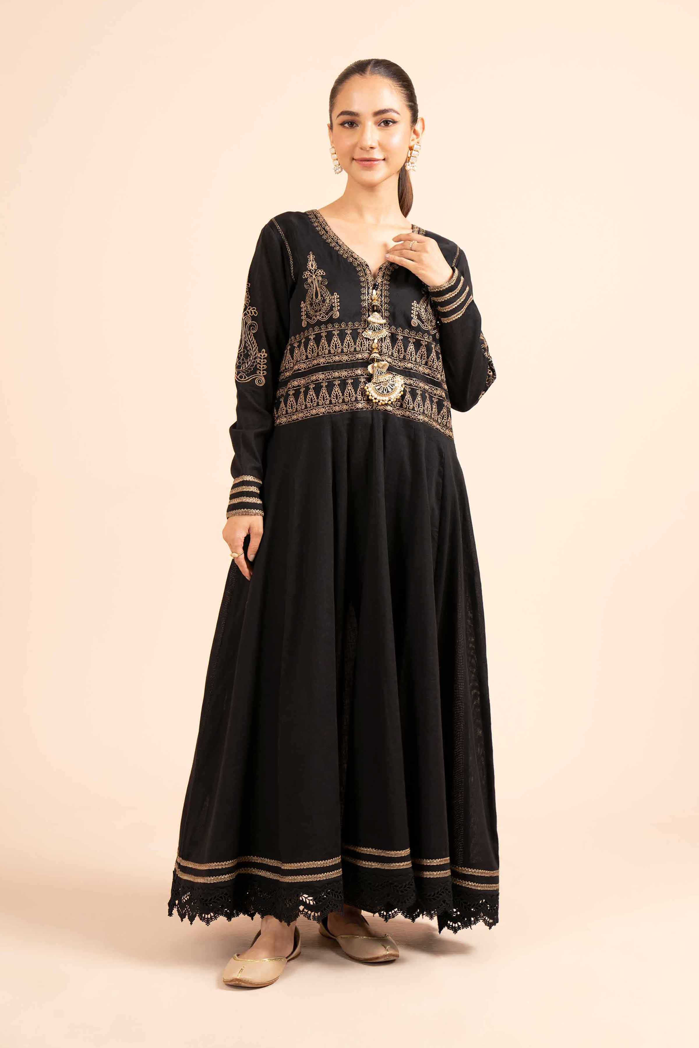 NishatUK - Black Embroidered Cotton 2-piece unstitched Dress