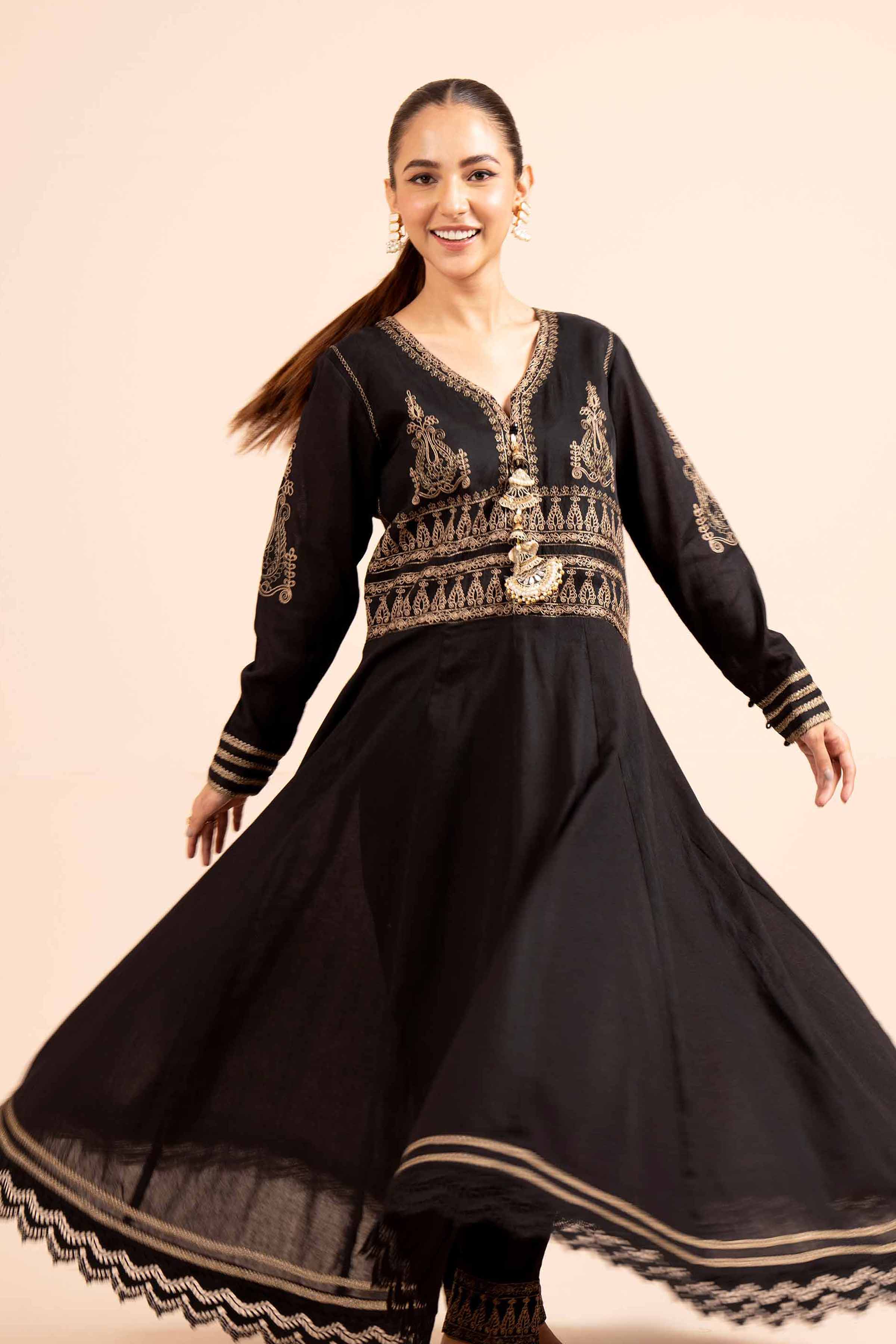 NishatUK - Black Embroidered Cotton 2-piece unstitched Dress