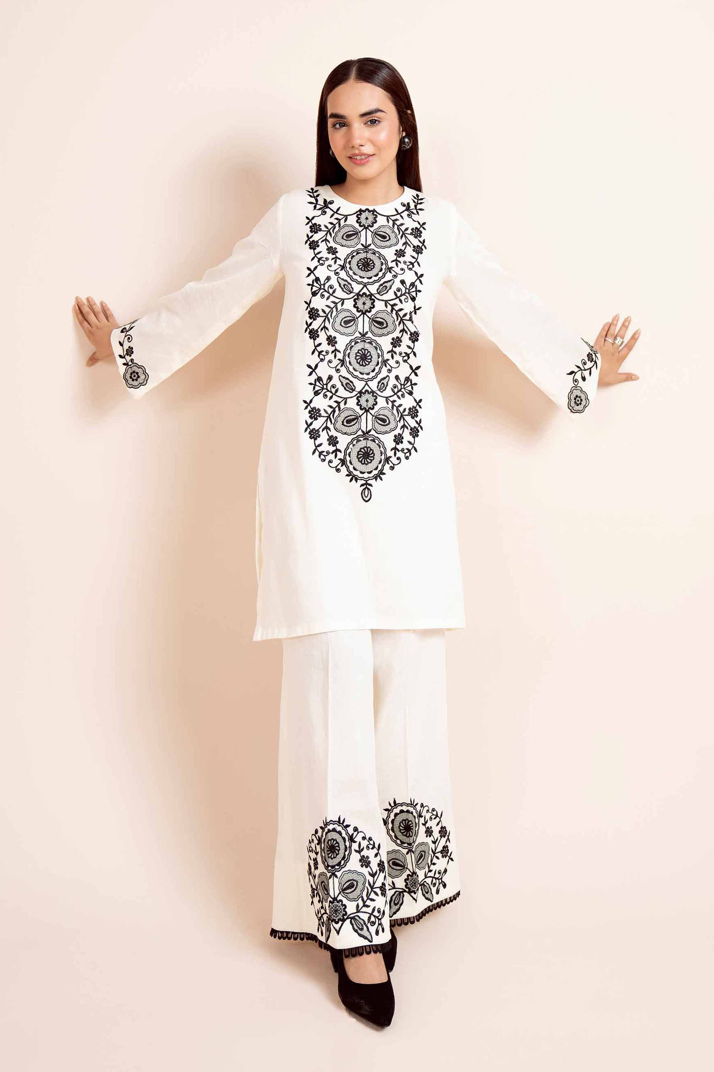 NishatUK - Off White Embroidered Cotton 2-piece unstitched Dress