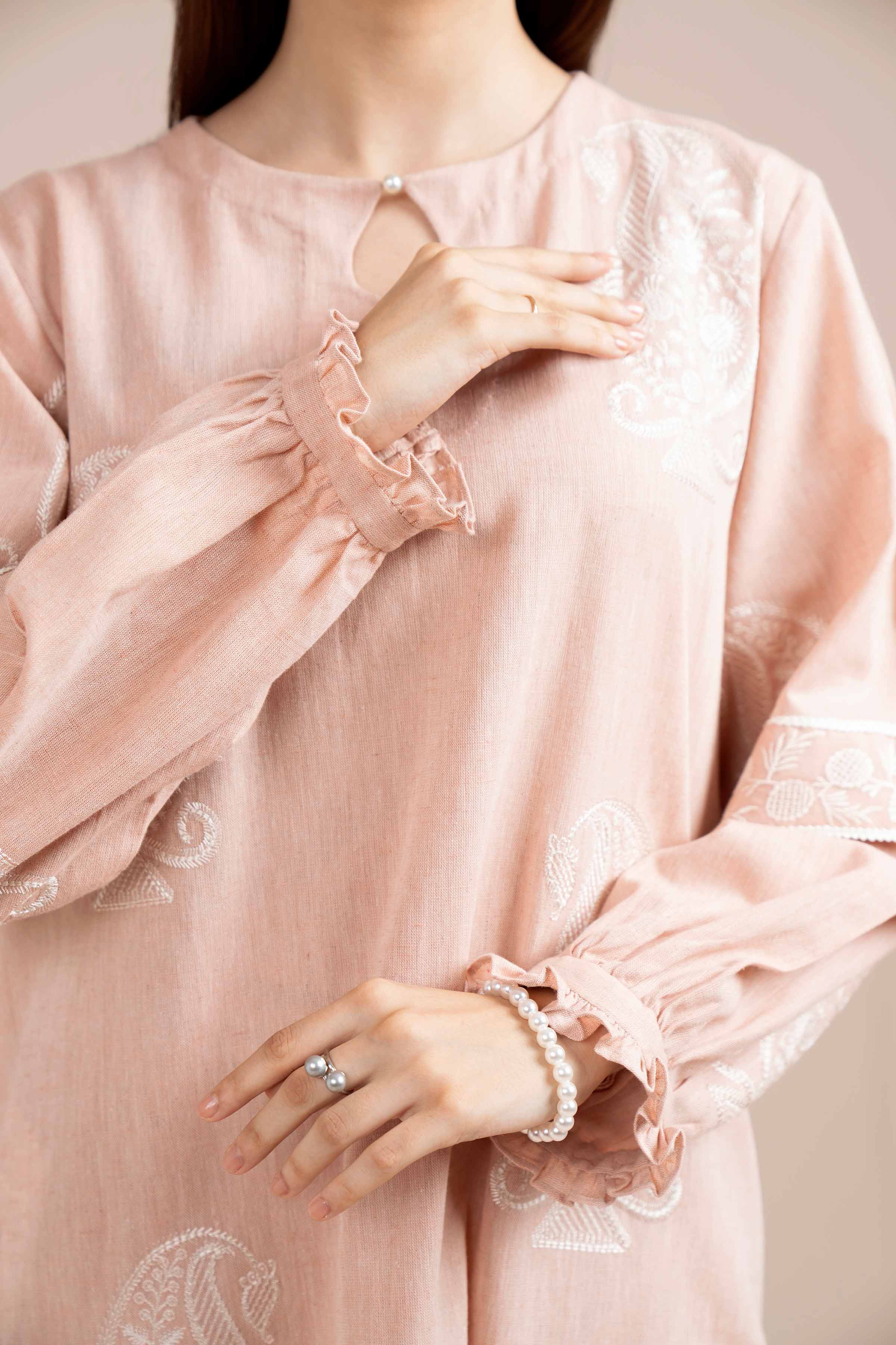 NishatUK - Peach Embroidered Linen 2-piece unstitched Dress