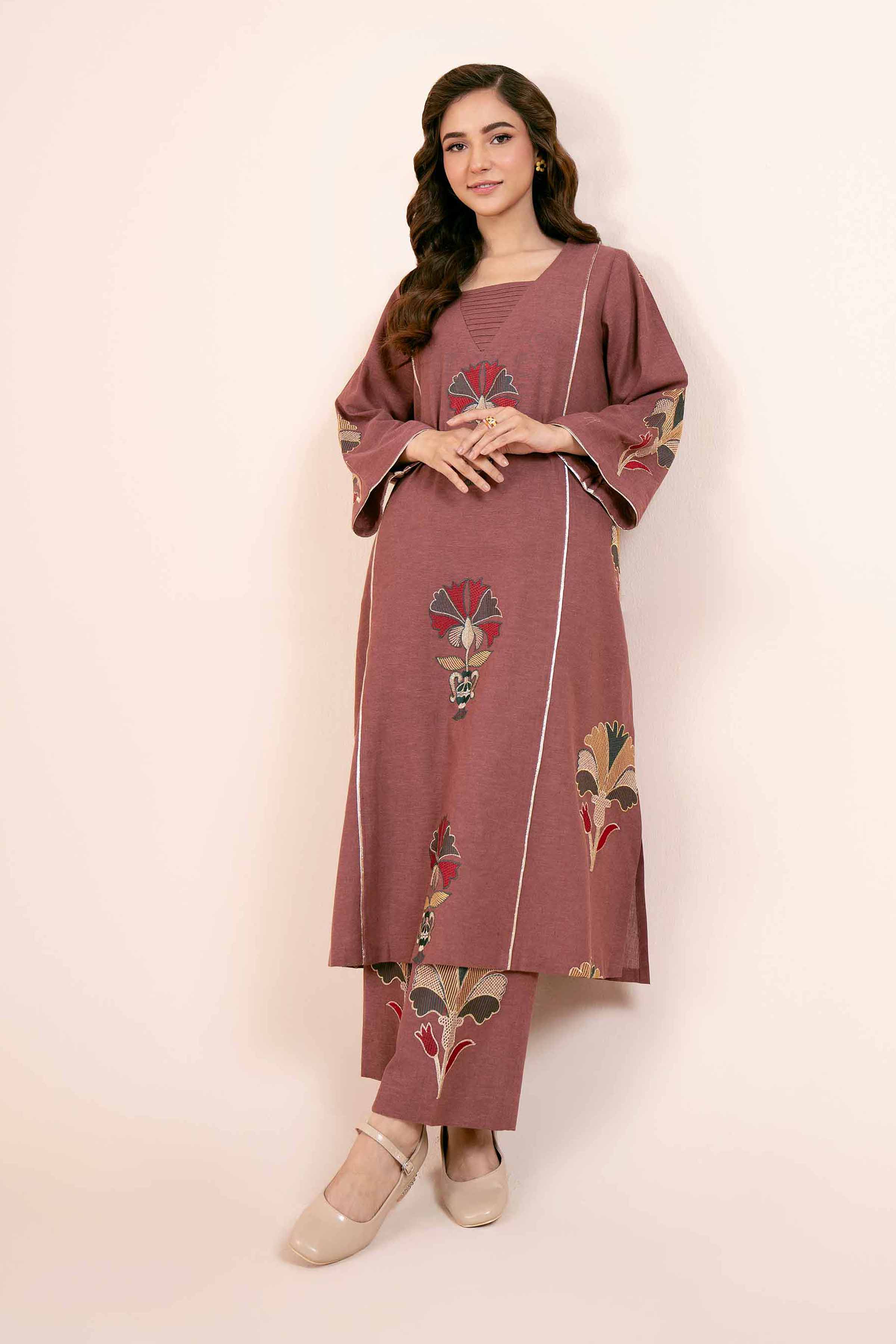 NishatUK - Pink Embroidered Linen 2-piece unstitched Dress