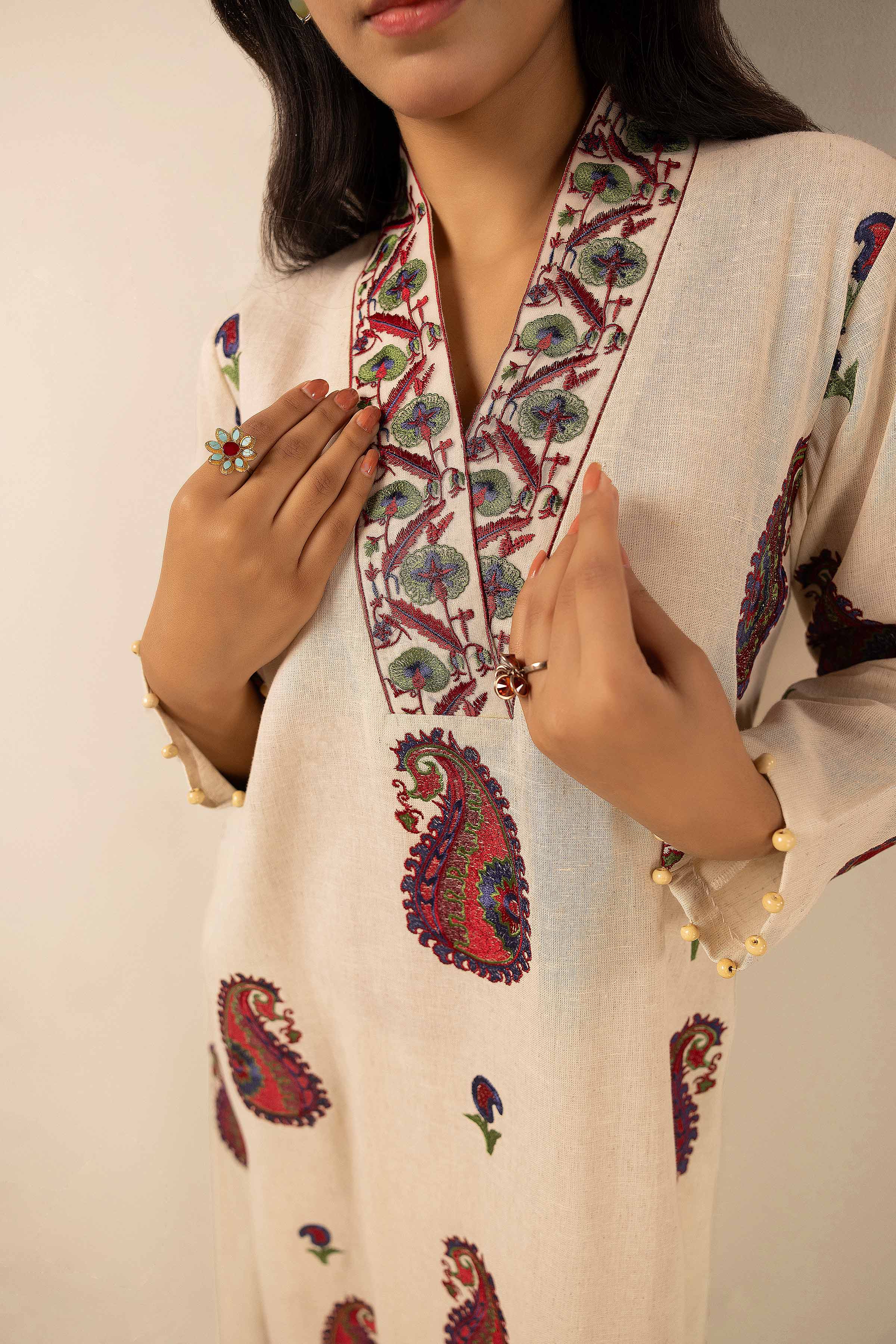 NishatUK - Off White Embroidered Linen 2-piece unstitched Dress