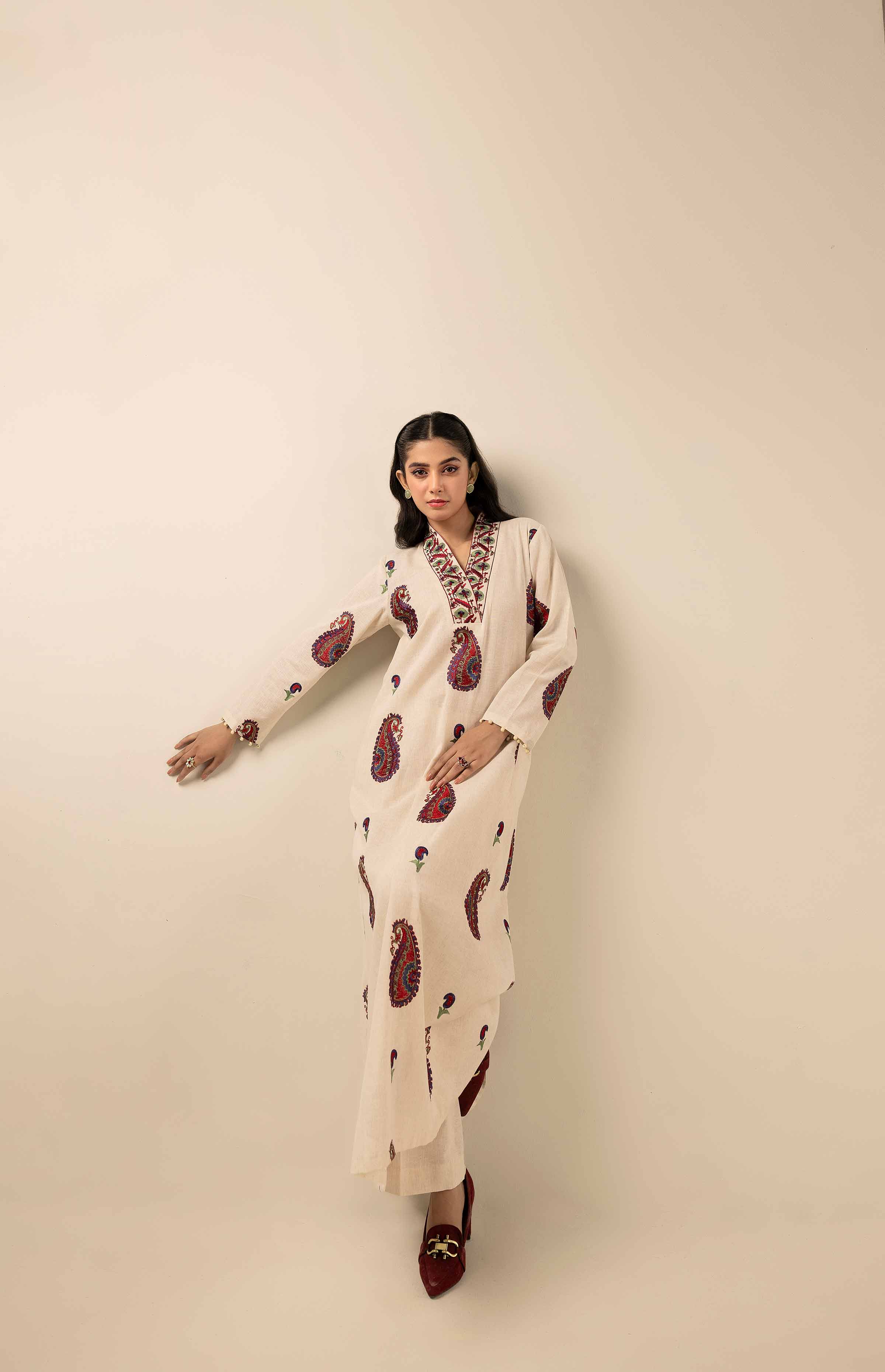 NishatUK - Off White Embroidered Linen 2-piece unstitched Dress