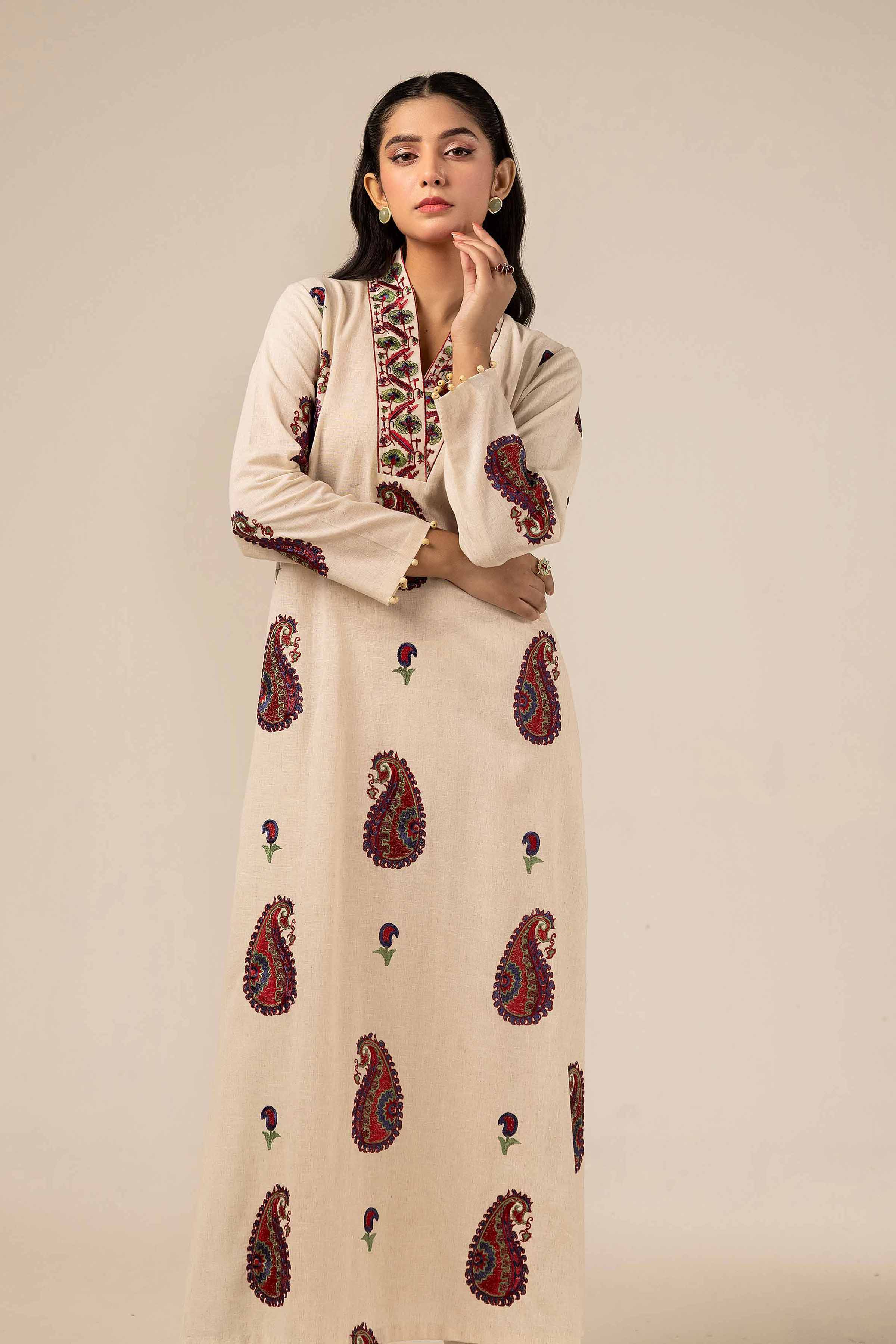 NishatUK - Off White Embroidered Linen 2-piece unstitched Dress