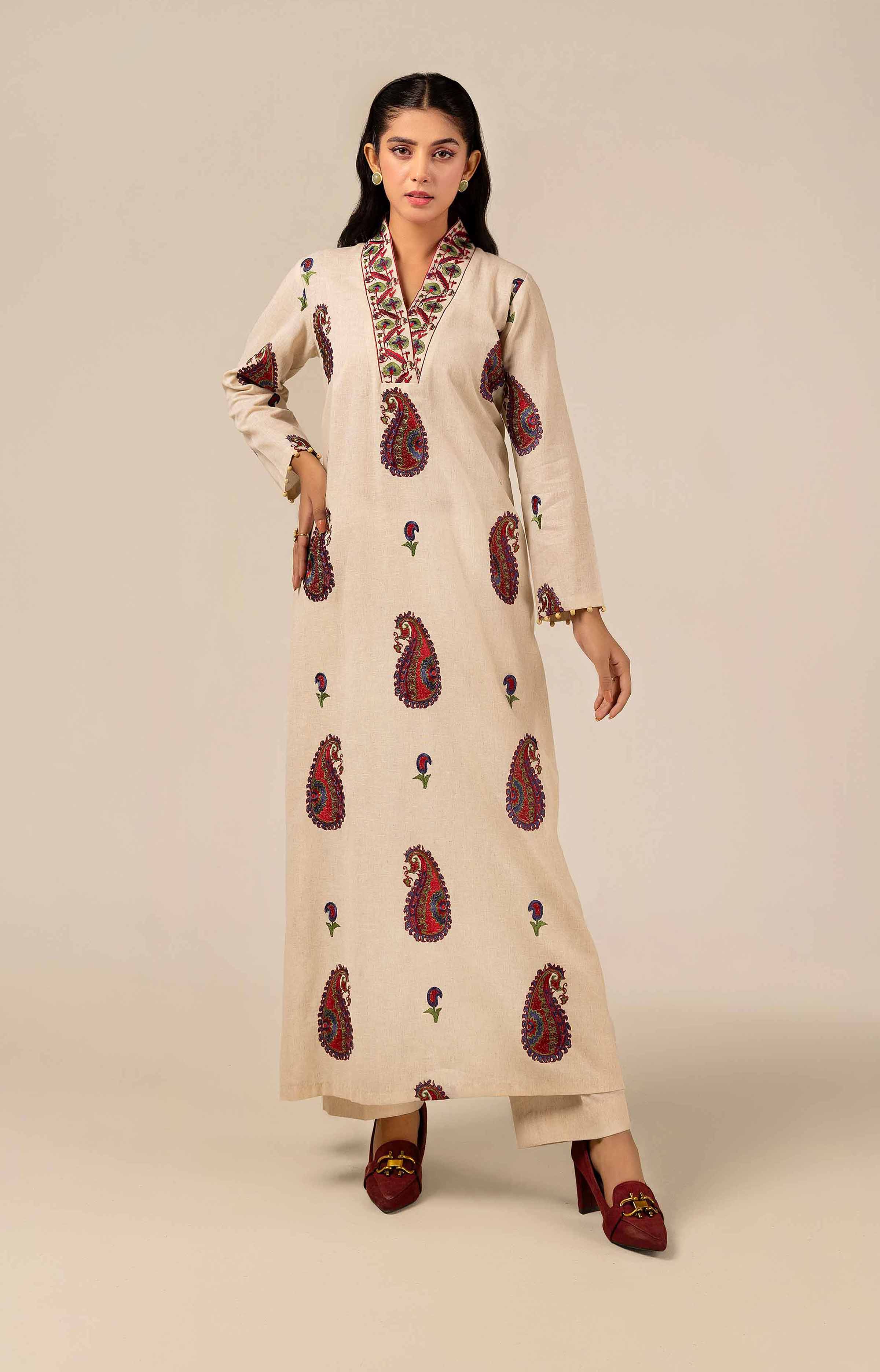 NishatUK - Off White Embroidered Linen 2-piece unstitched Dress