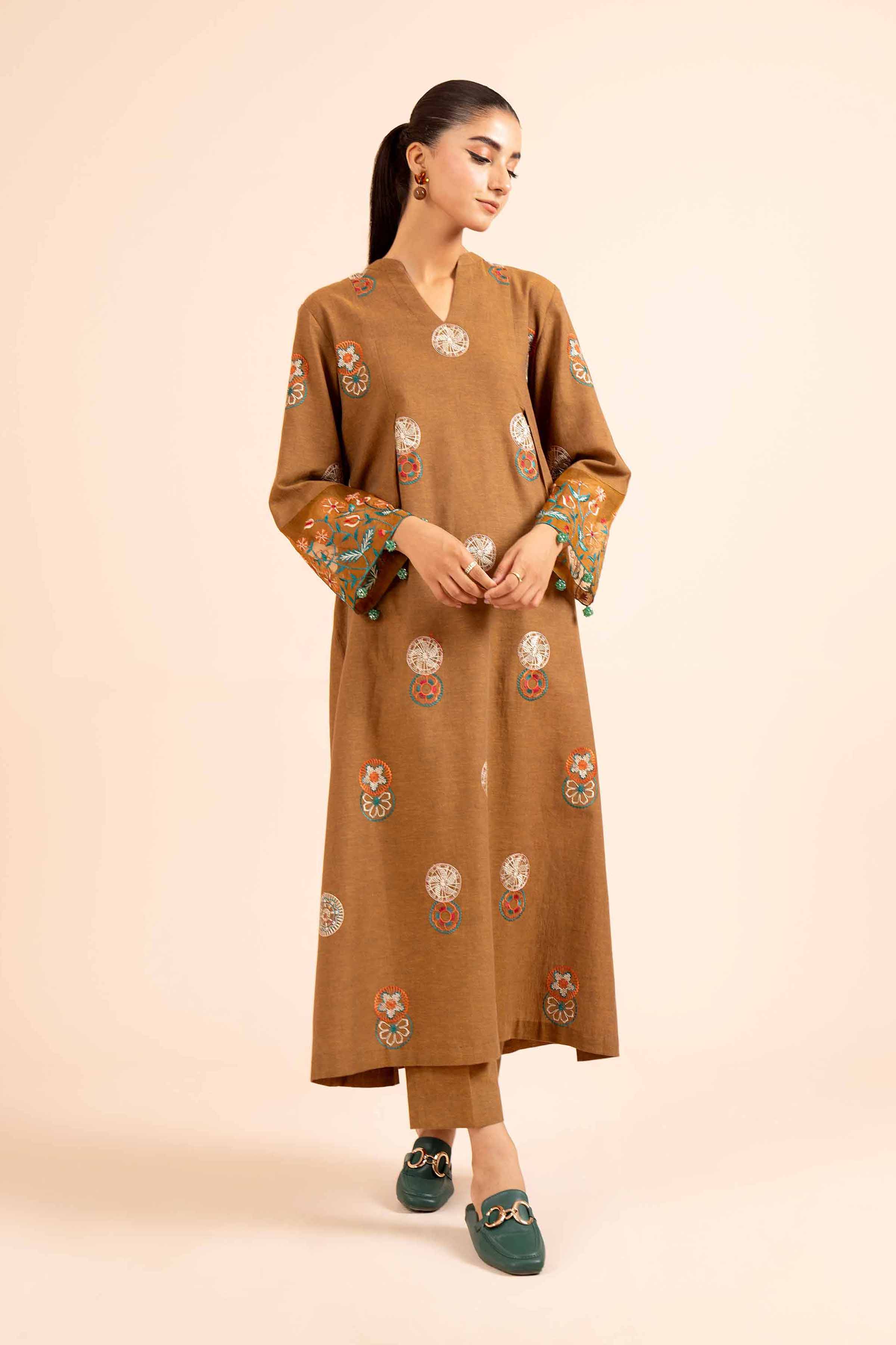 NishatUK - Mustard Embroidered Linen 2-piece unstitched Dress