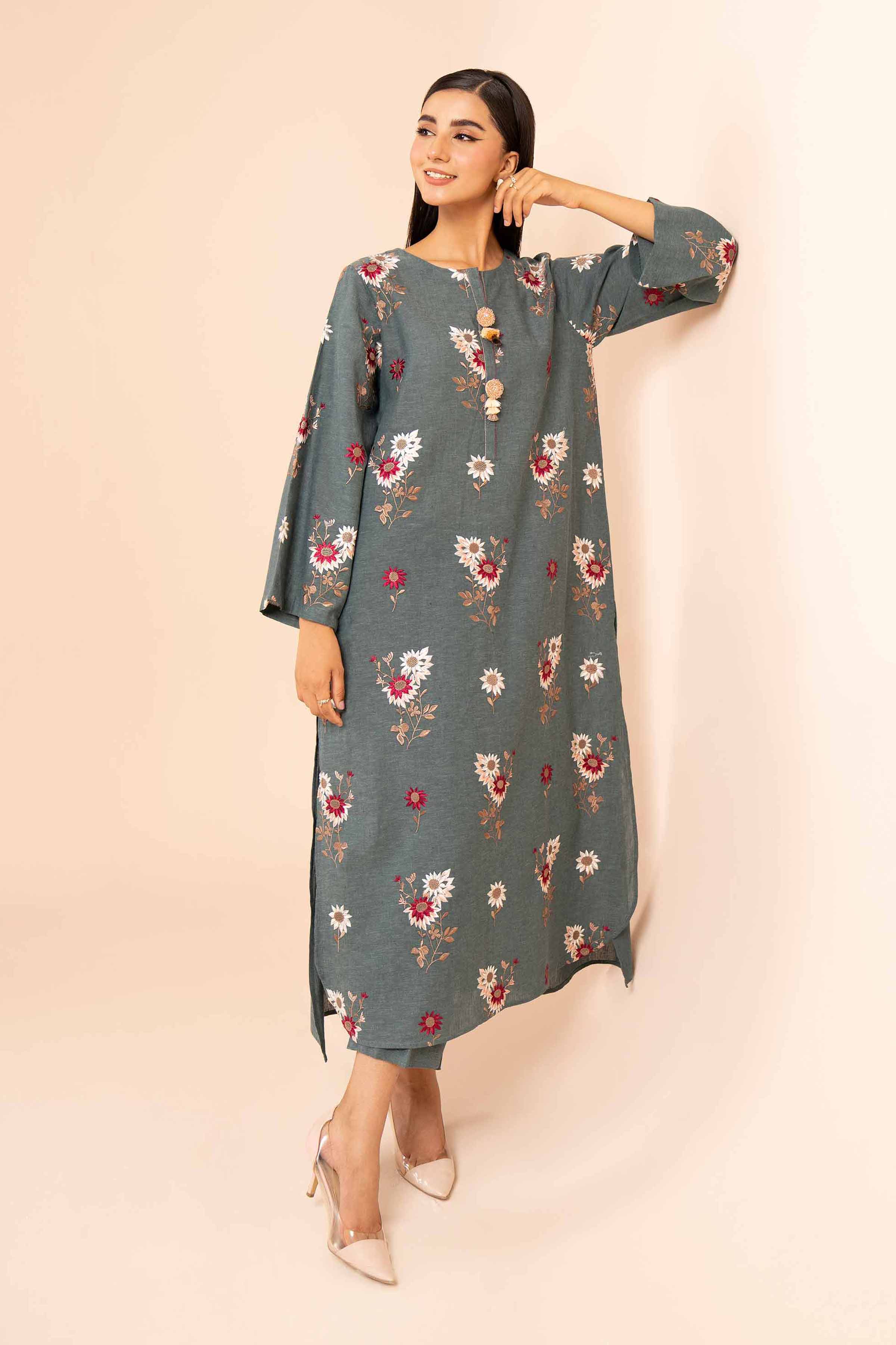 NishatUK - Teal Embroidered Linen 2-piece unstitched Dress