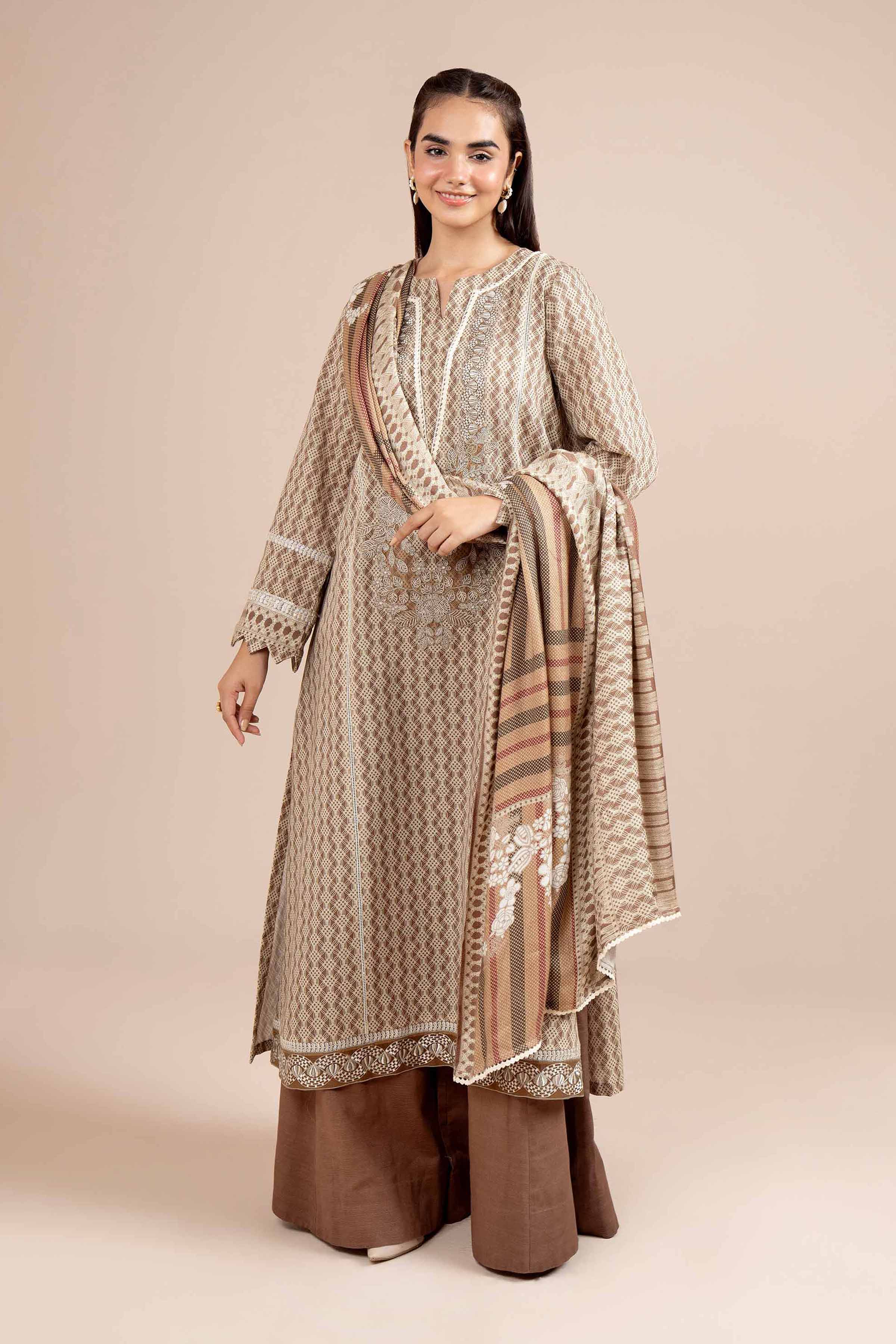 NishatUK - Brown Embroidered Khaddar 2-piece unstitched Dress