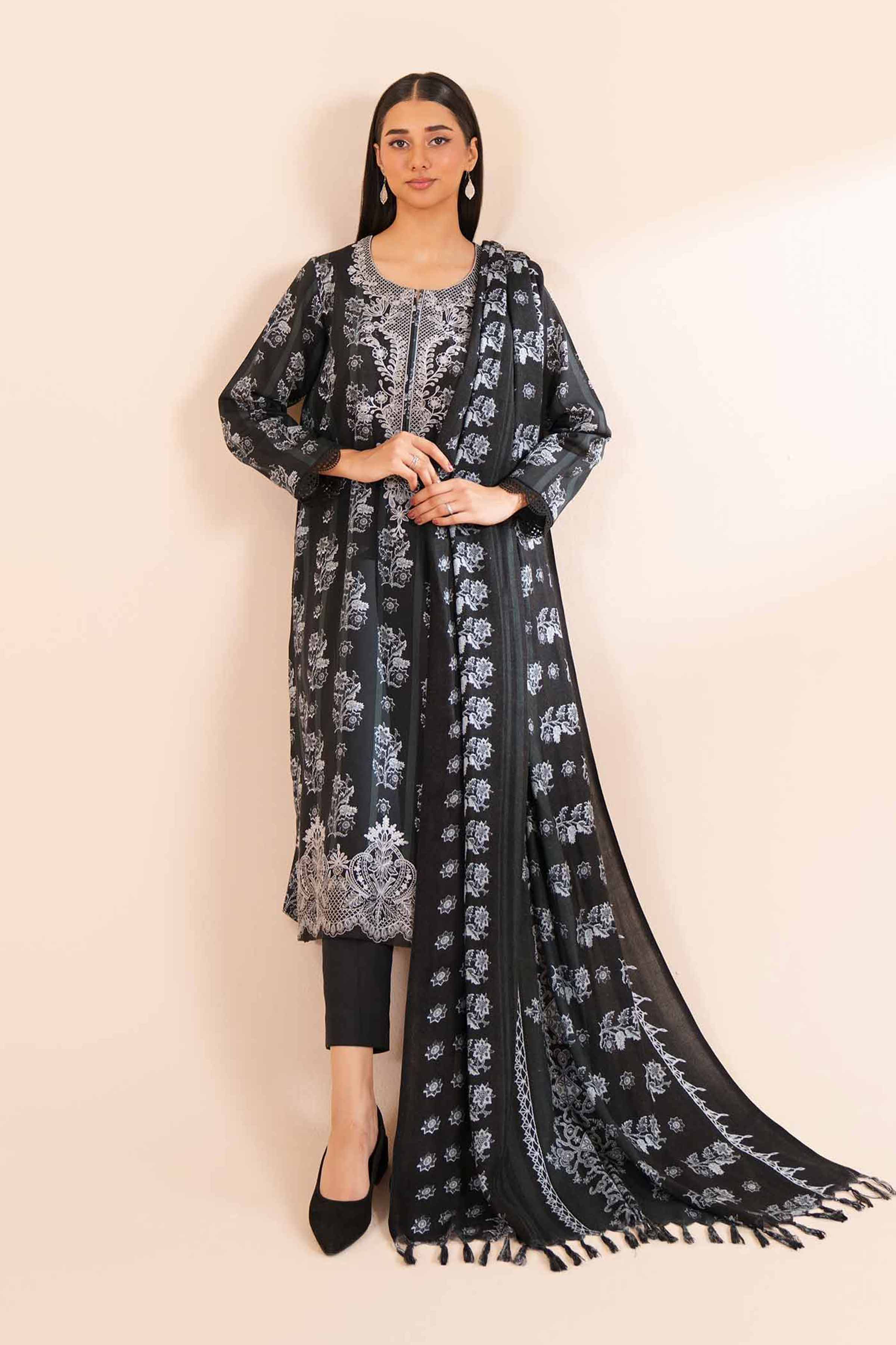 NishatUK - Black Embroidered Khaddar 2-piece unstitched Dress