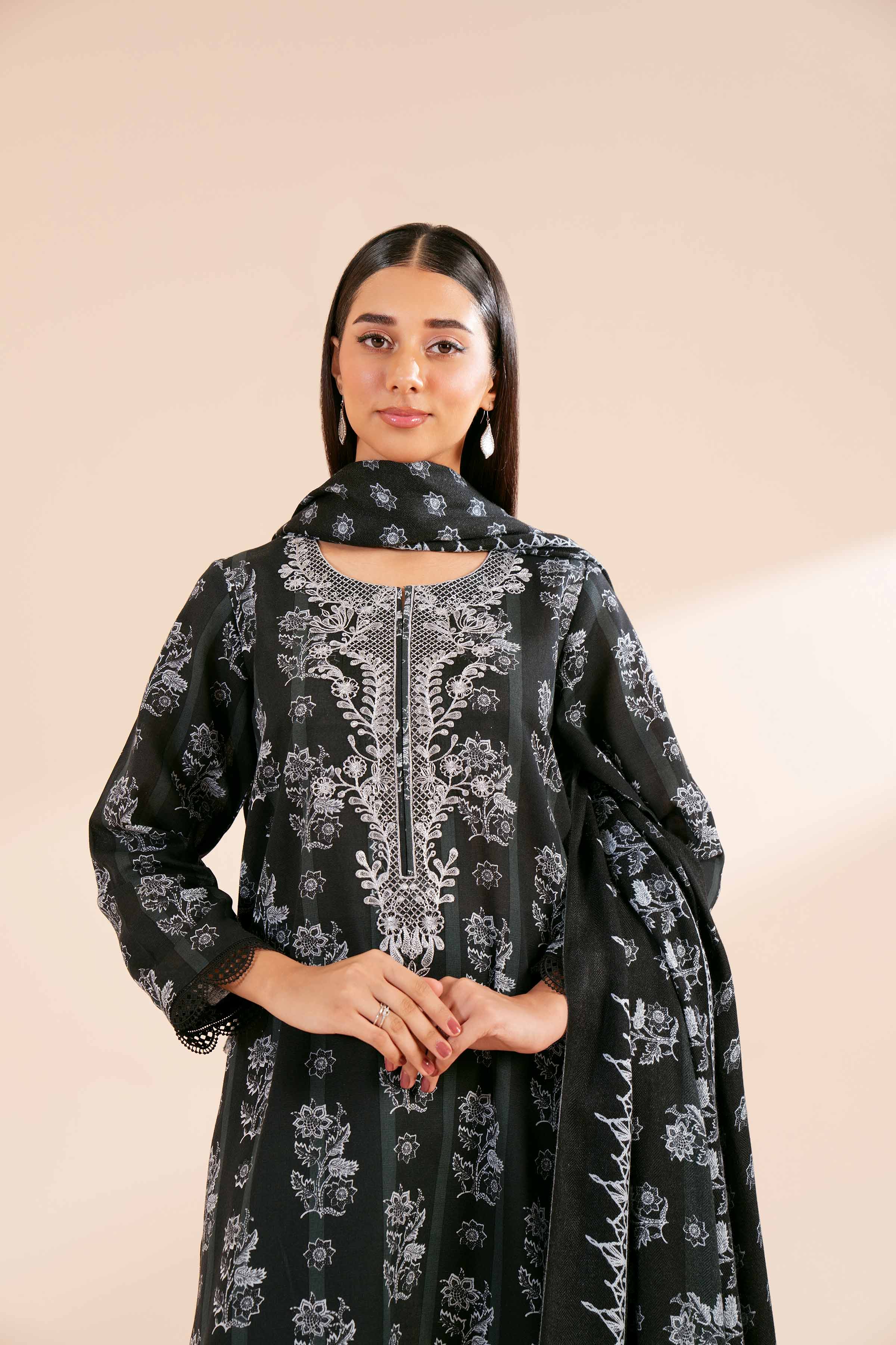 NishatUK - Black Embroidered Khaddar 2-piece unstitched Dress