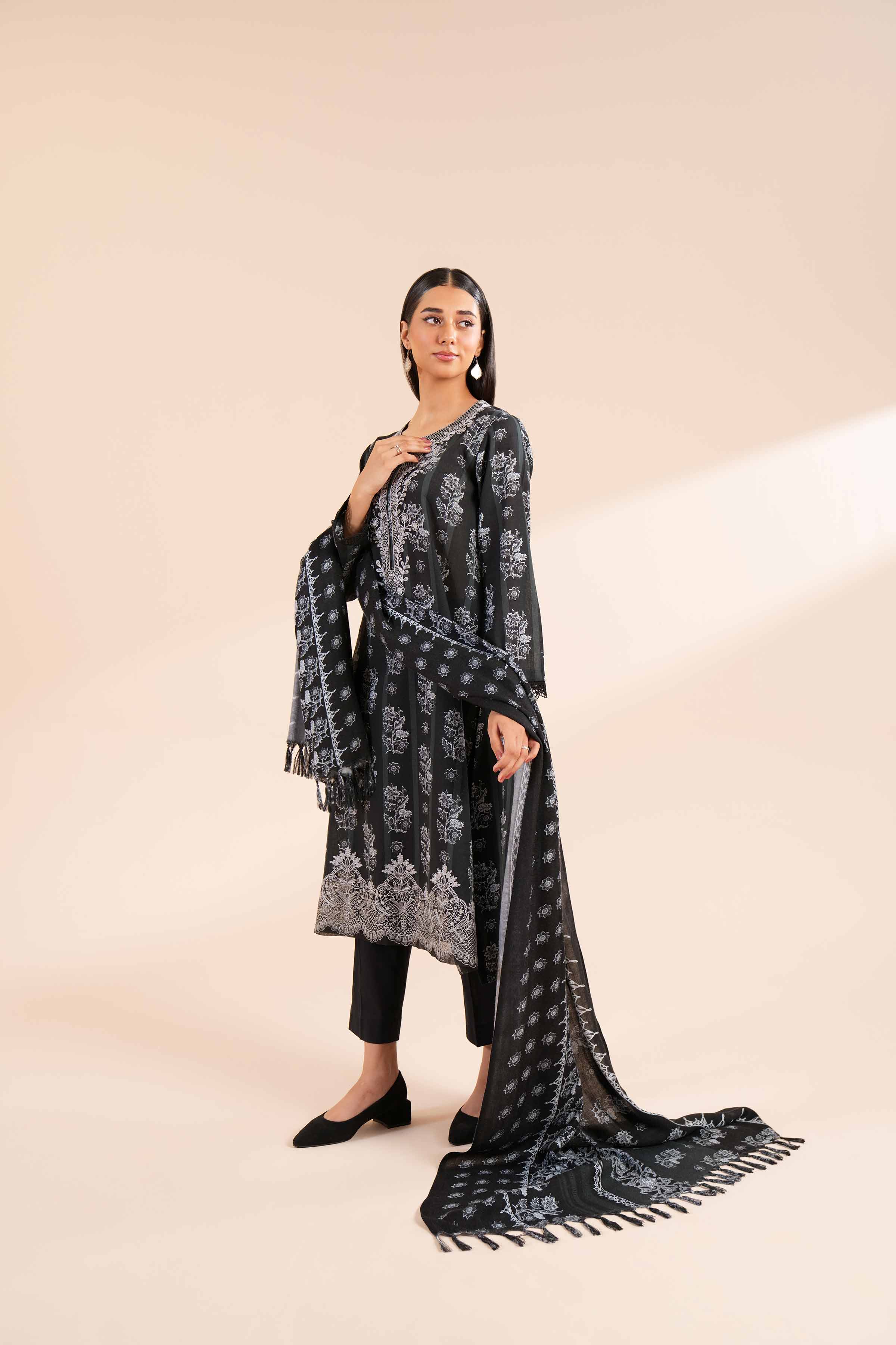 NishatUK - Black Embroidered Khaddar 2-piece unstitched Dress