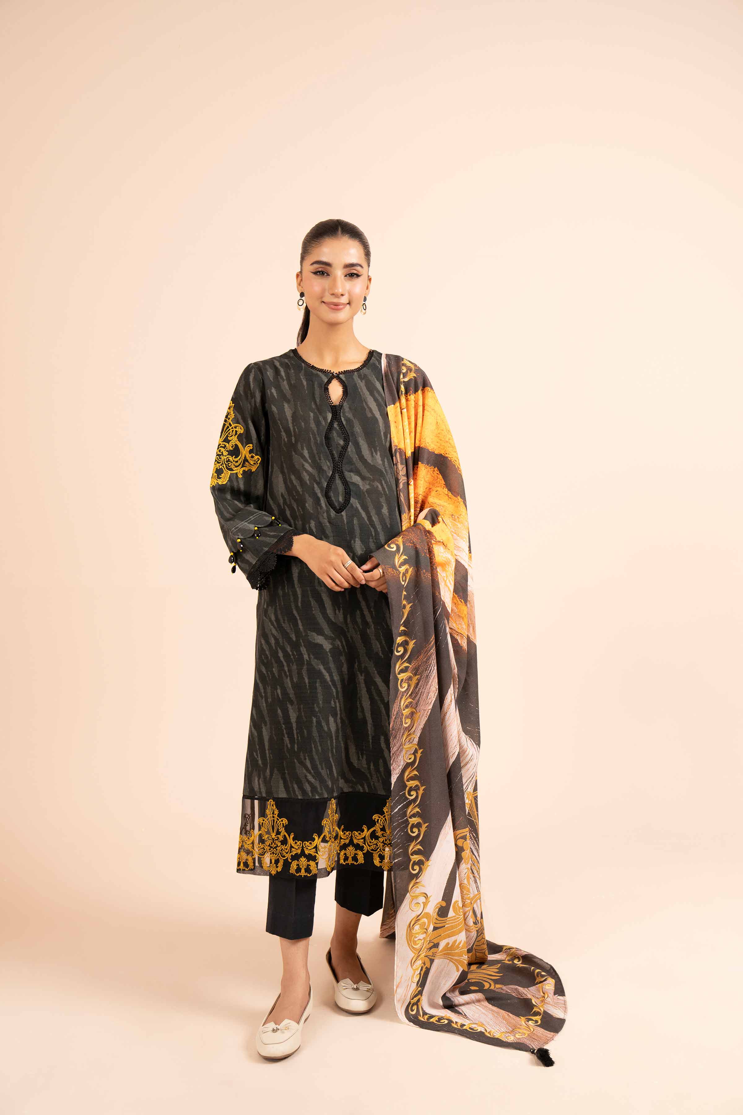 NishatUK - Black Embroidered Khaddar 2-piece unstitched Dress