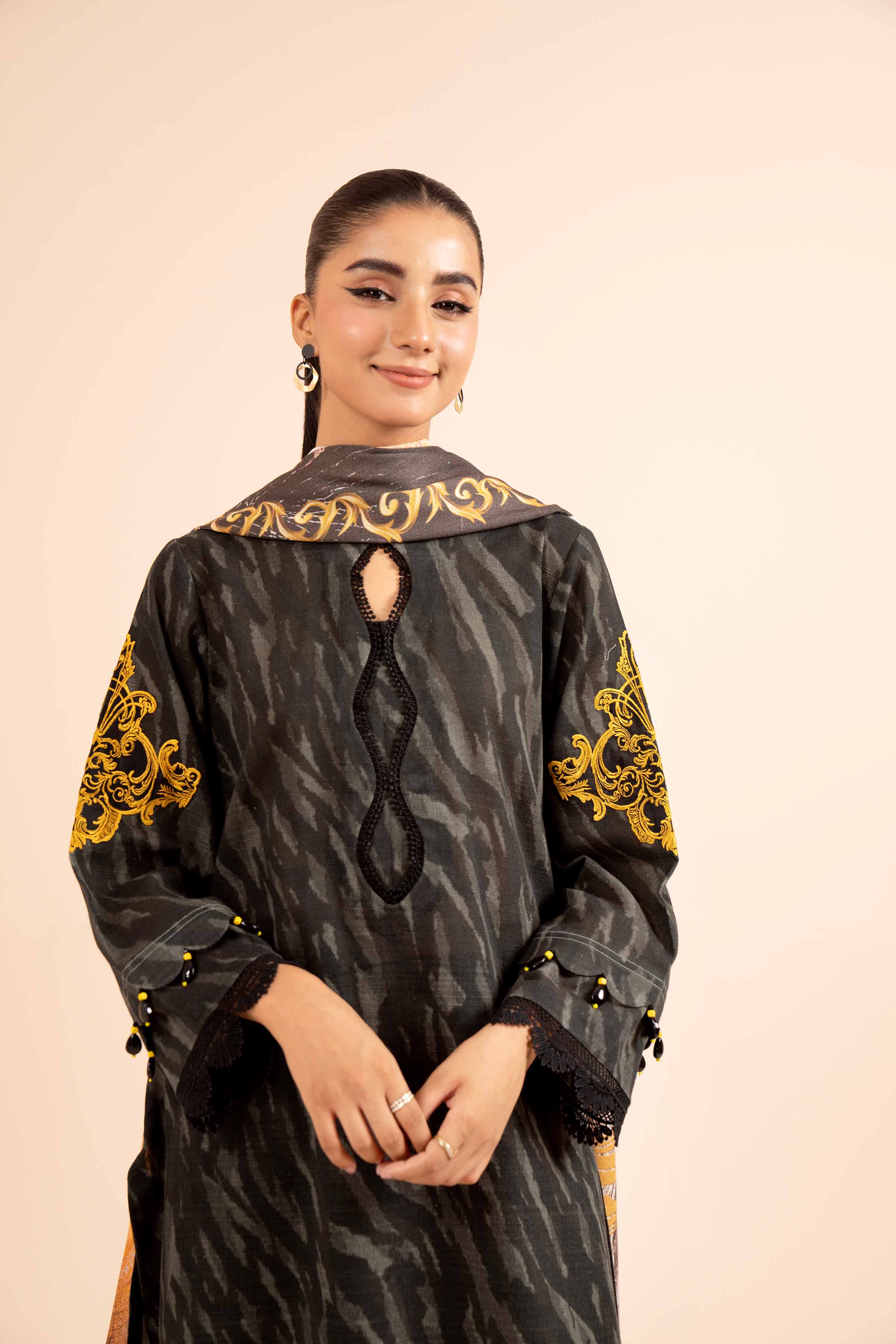 NishatUK - Black Embroidered Khaddar 2-piece unstitched Dress