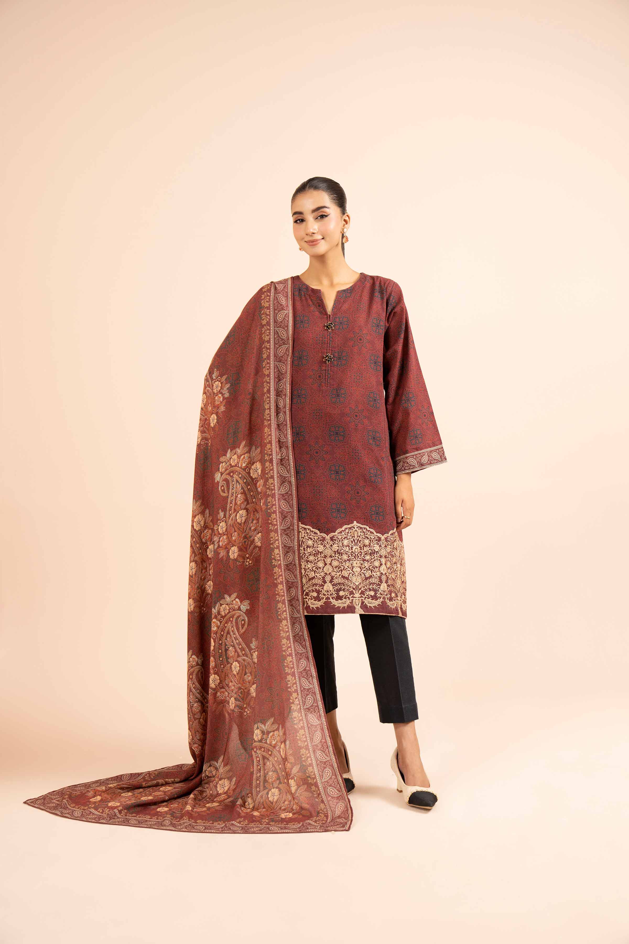 NishatUK - Maroon Embroidered Khaddar 2-piece unstitched Dress