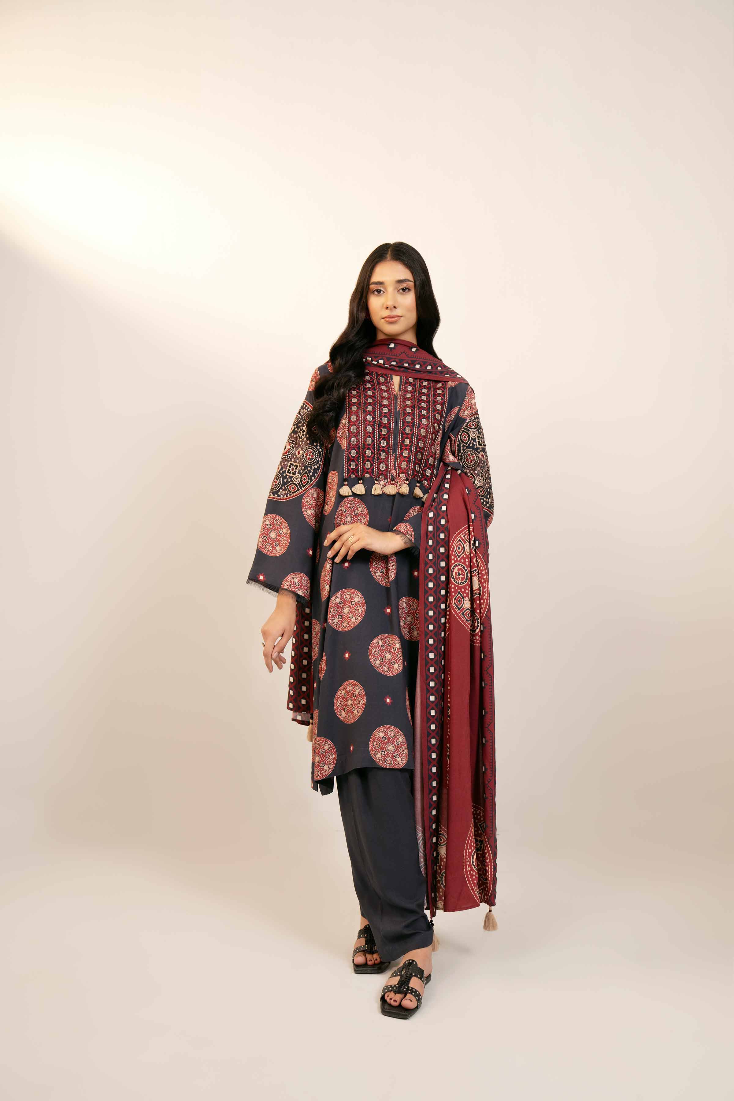 NishatUK - Black Embroidered Linen 3-piece unstitched Suit