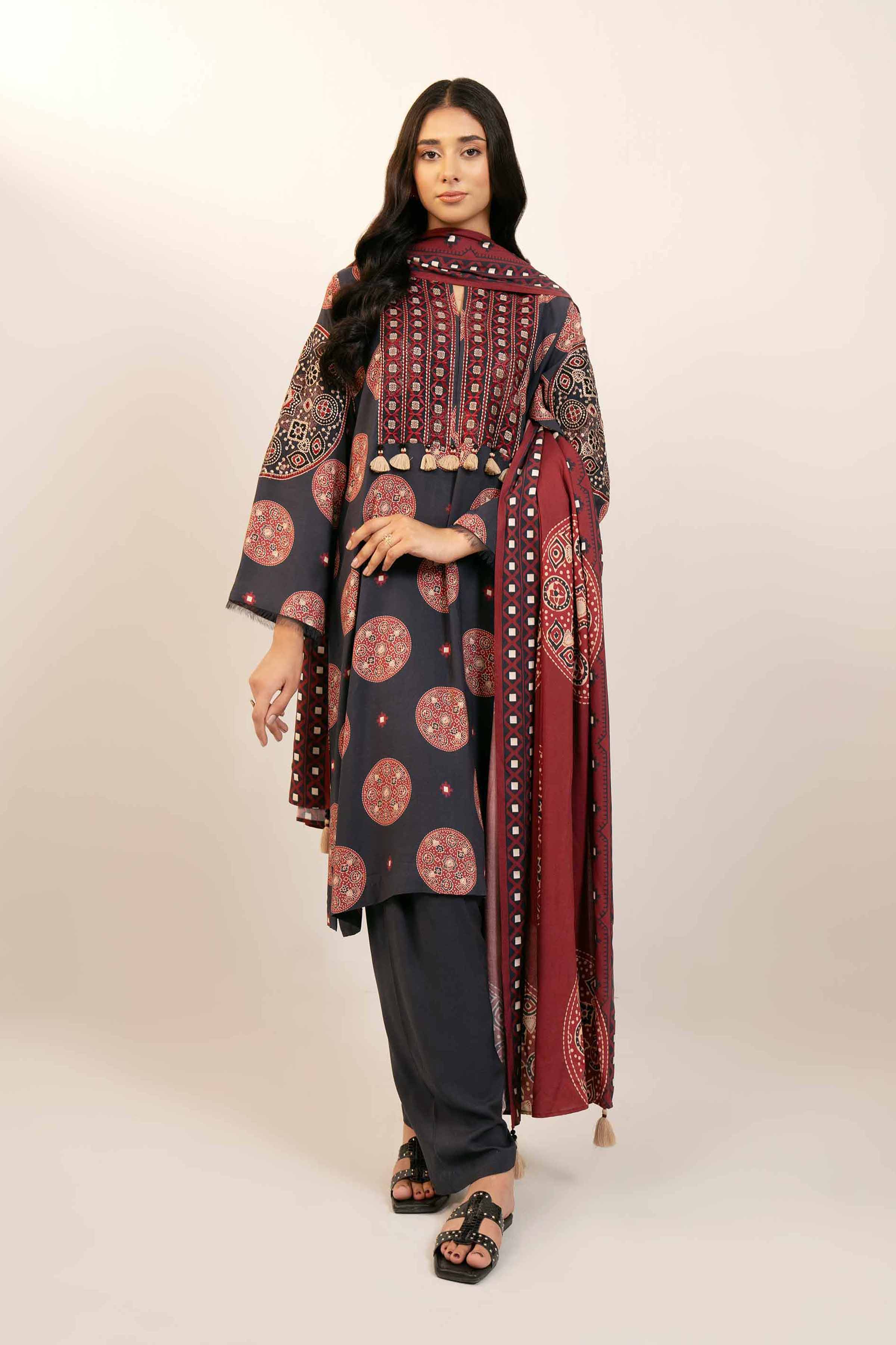 NishatUK - Black Embroidered Linen 3-piece unstitched Suit