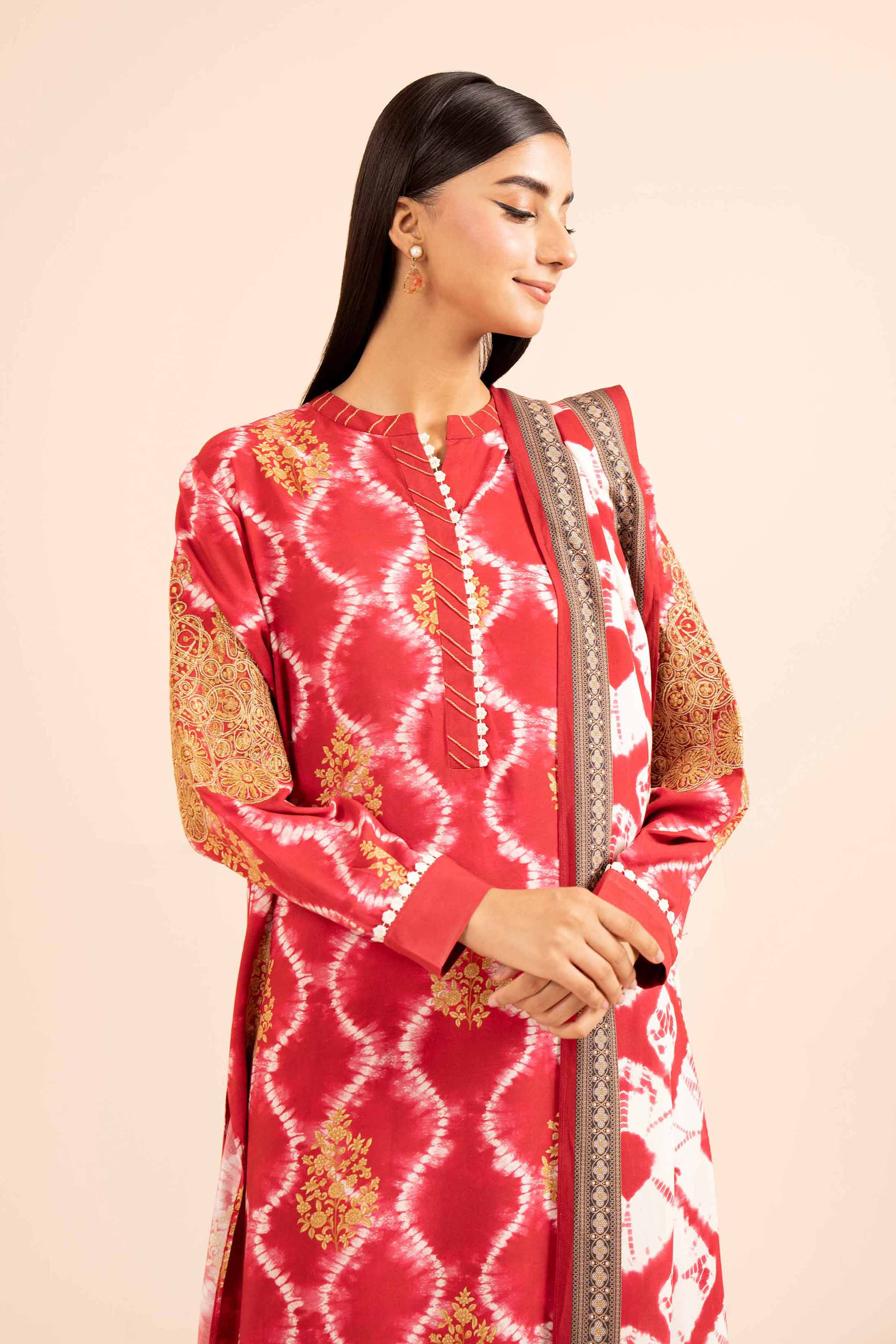 NishatUK - Red Embroidered Linen 3-piece unstitched Suit