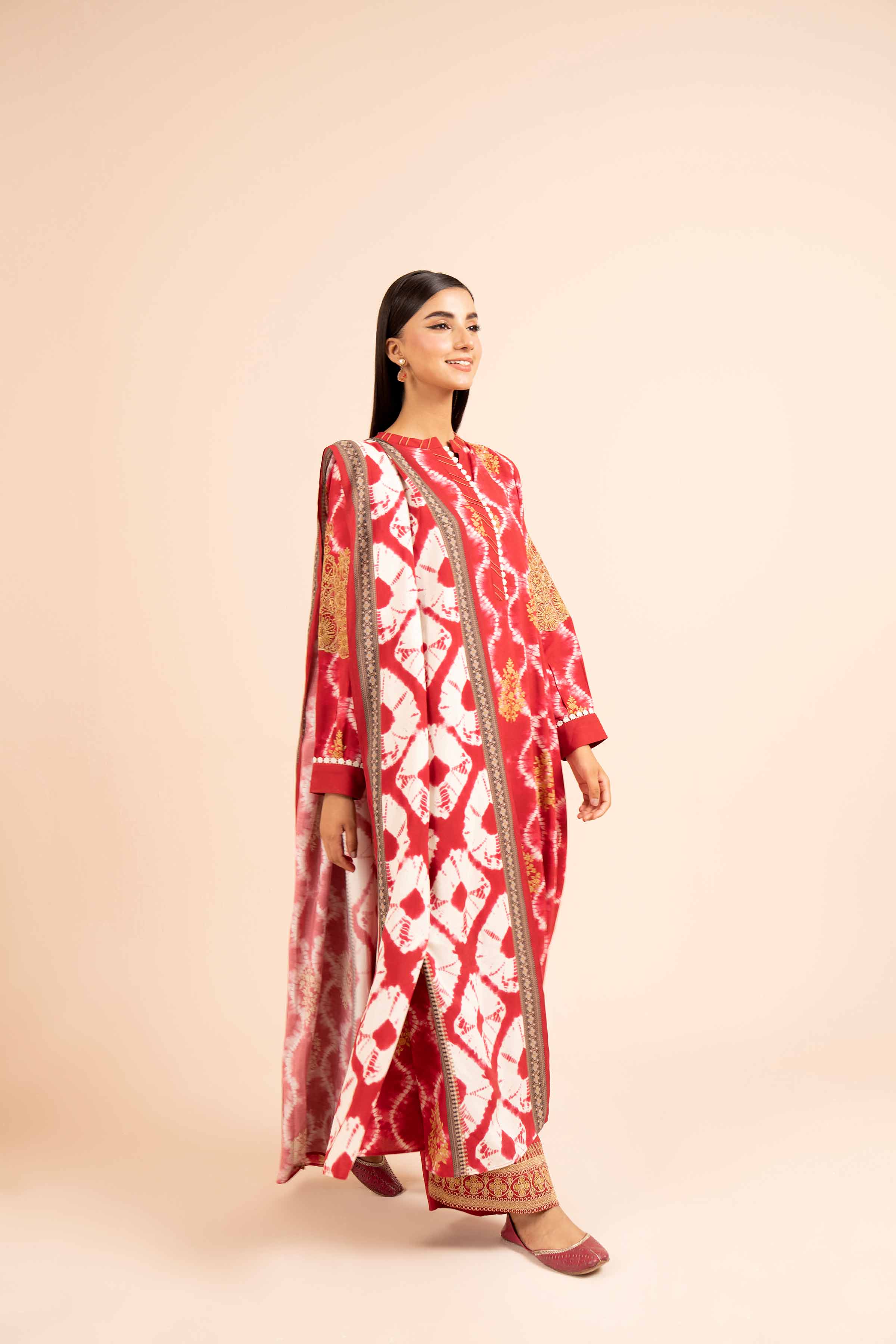 NishatUK - Red Embroidered Linen 3-piece unstitched Suit