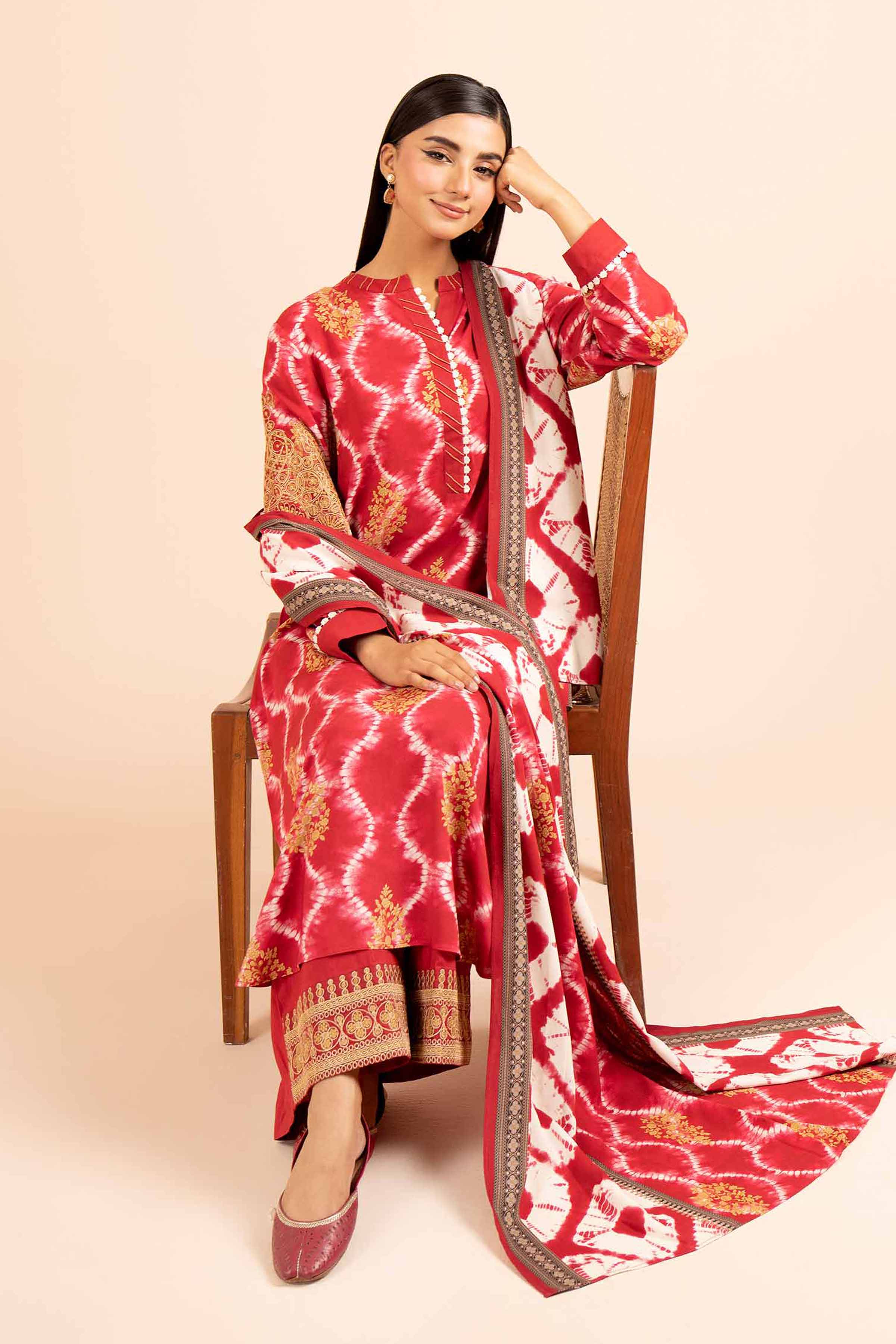 NishatUK - Red Embroidered Linen 3-piece unstitched Suit