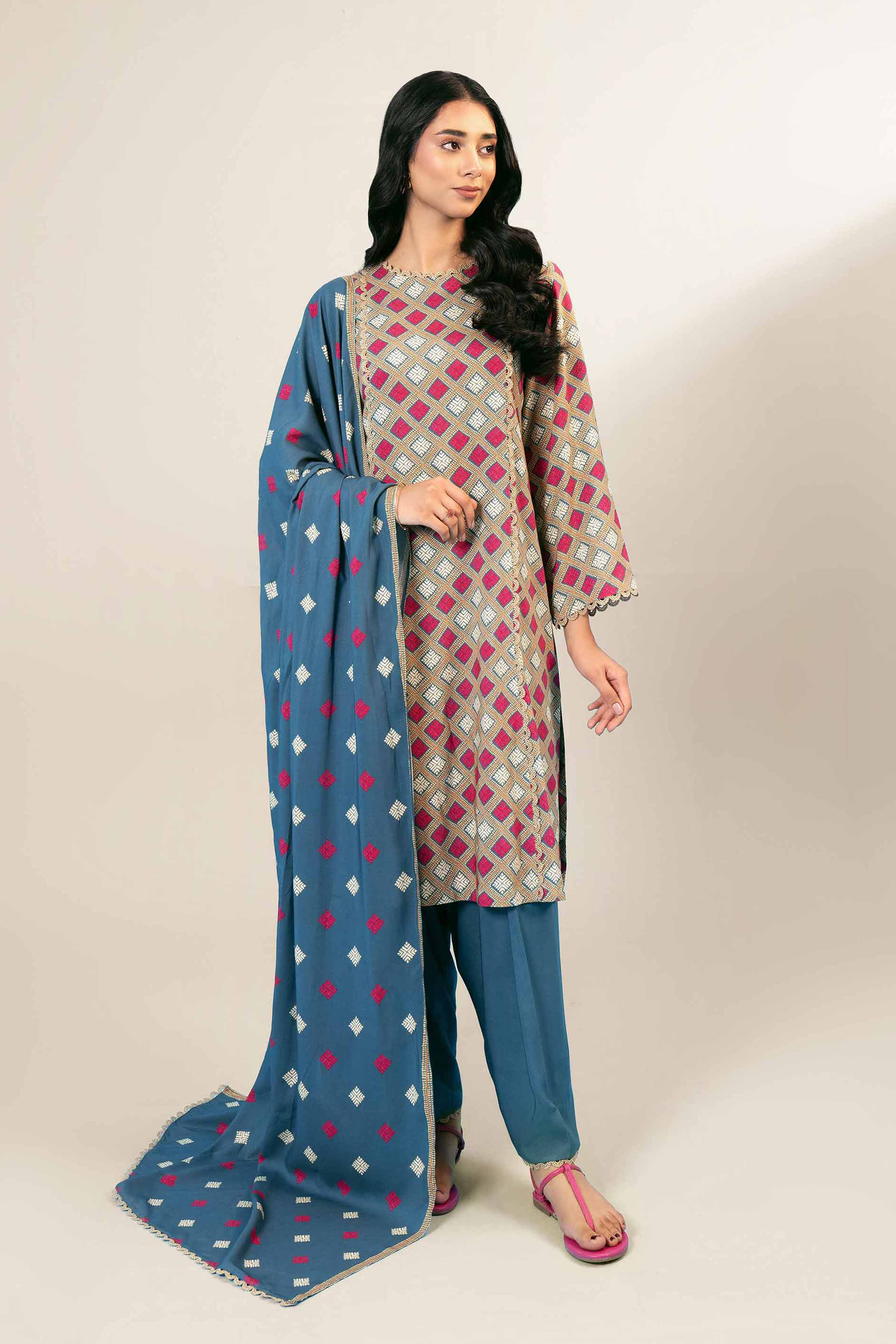 NishatUK - Blue Printed Linen 3-piece unstitched Suit