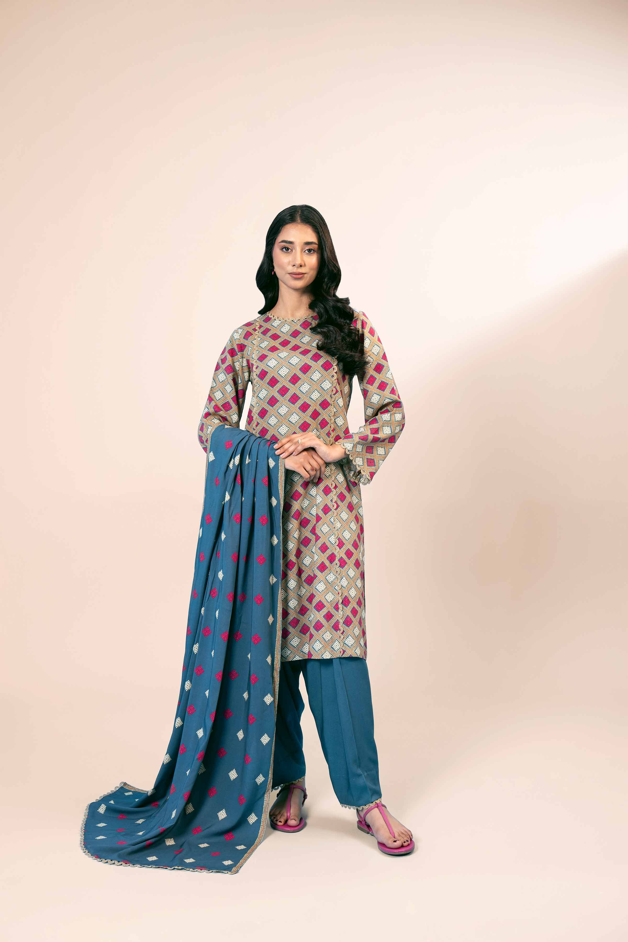 NishatUK - Blue Printed Linen 3-piece unstitched Suit