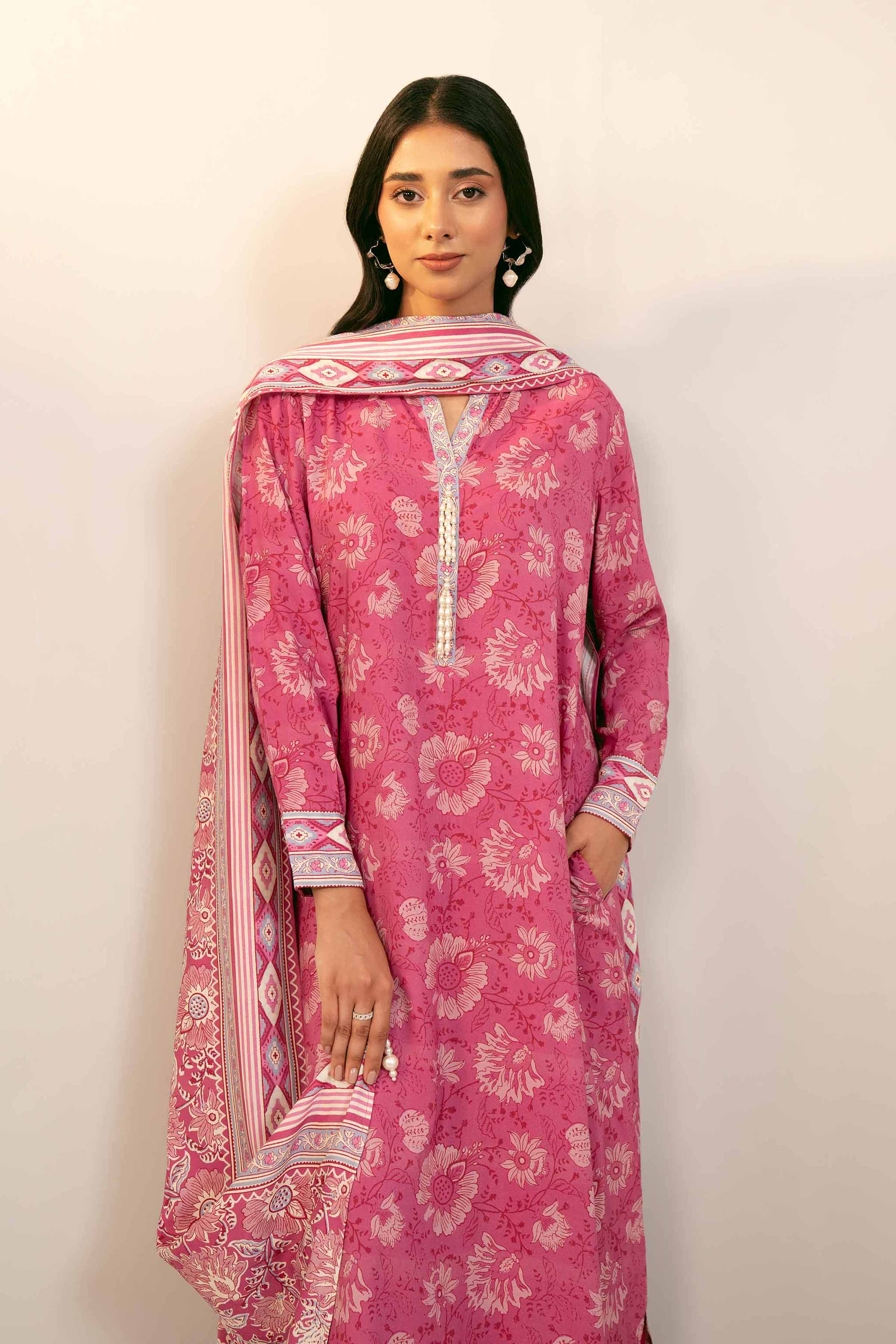 NishatUK - Pink Printed Linen 3-piece unstitched Suit