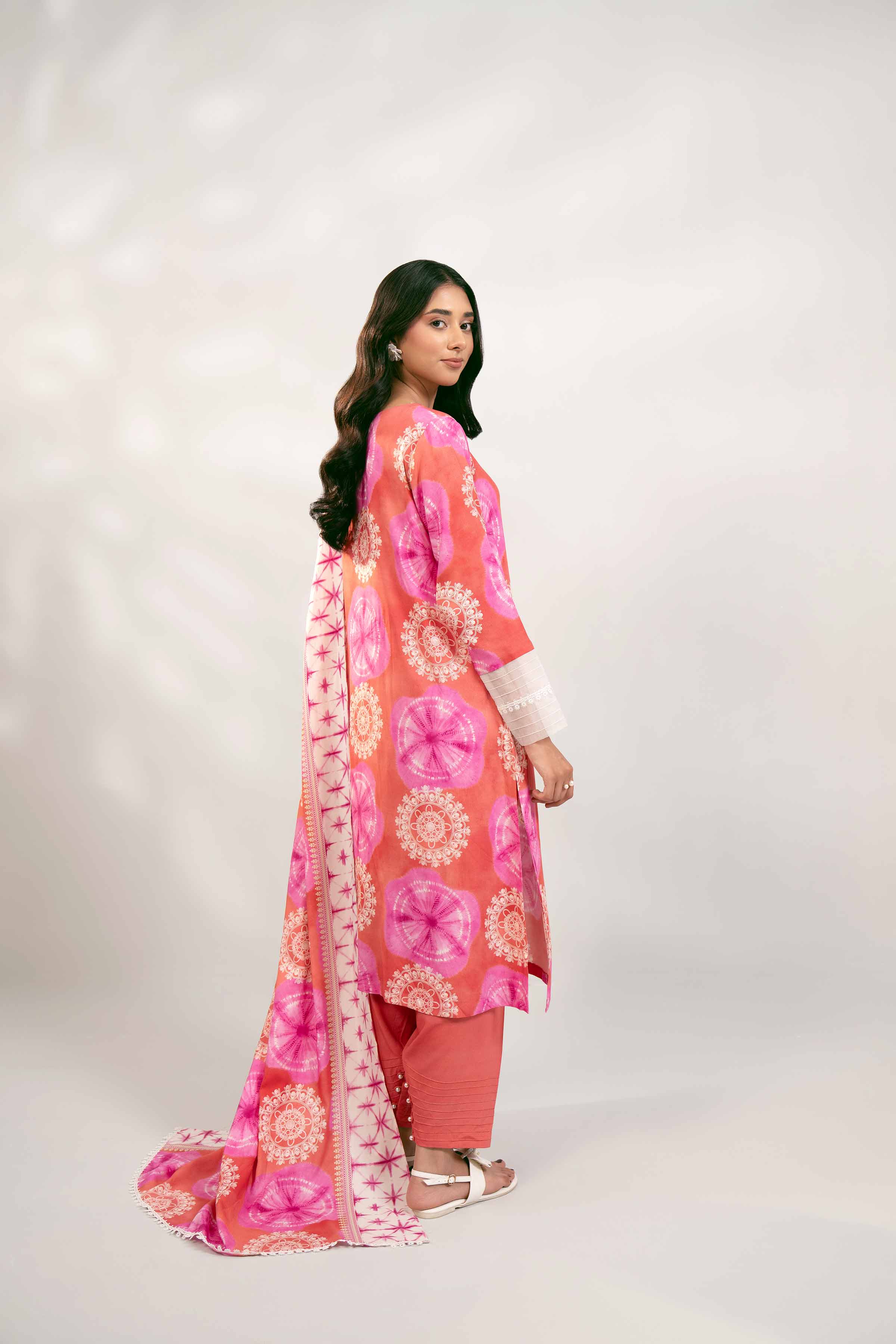 NishatUK - Orange & Pink Printed Linen 3-piece unstitched Suit