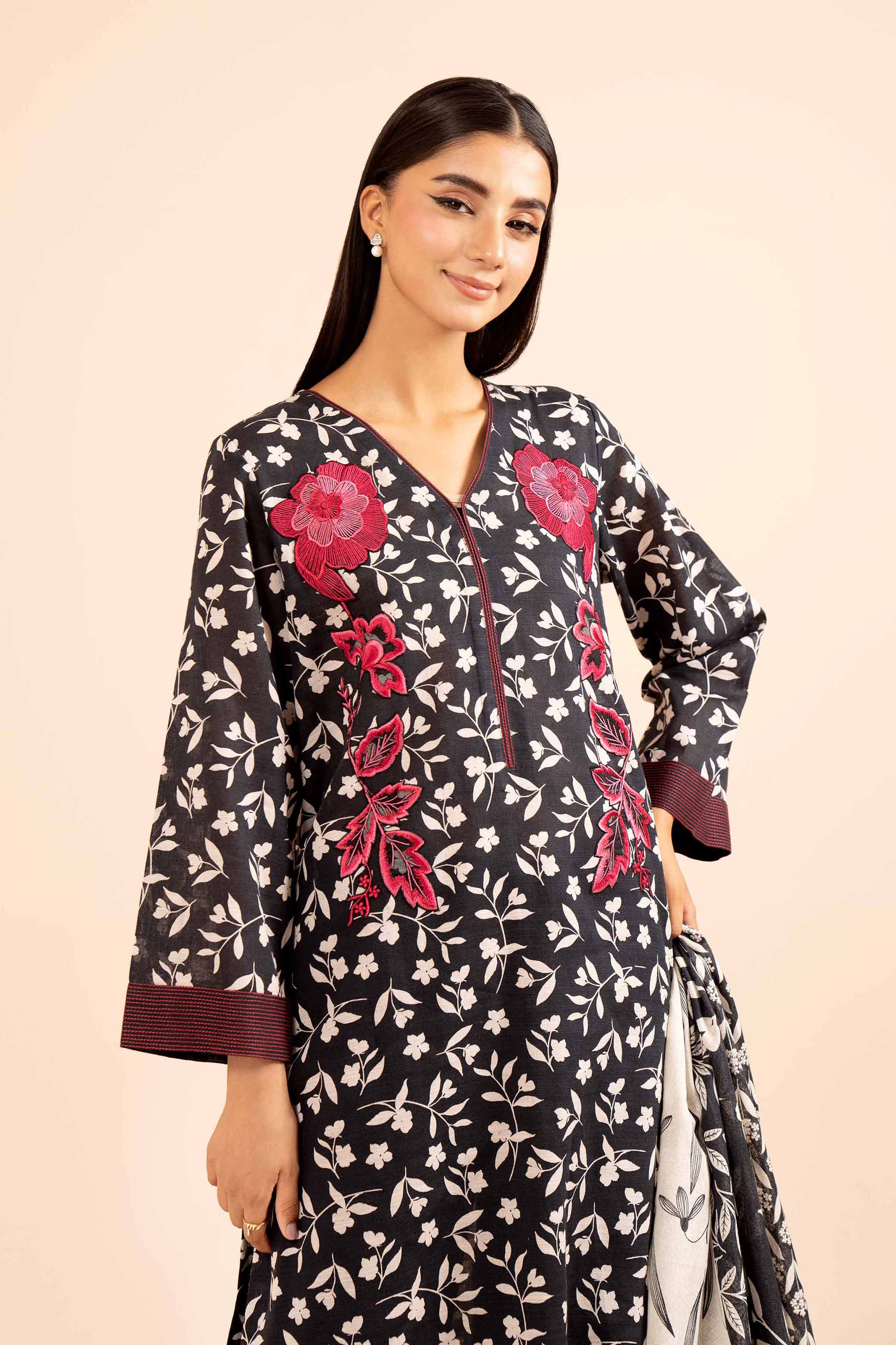 NishatUK - Black Embroidered Khaddar 3-piece unstitched Suit