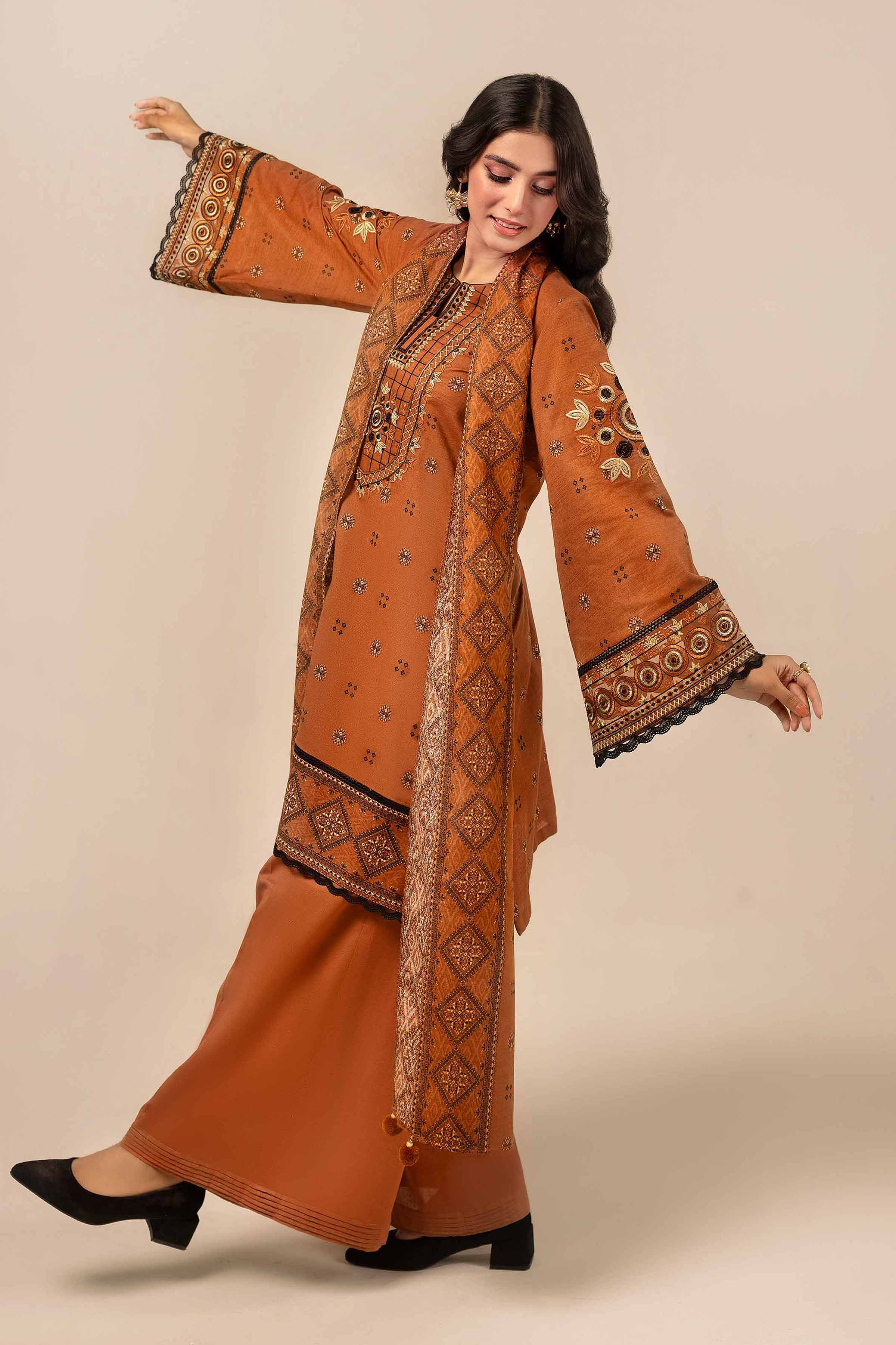 NishatUK - Brown Embroidered Khaddar 3-piece unstitched Suit