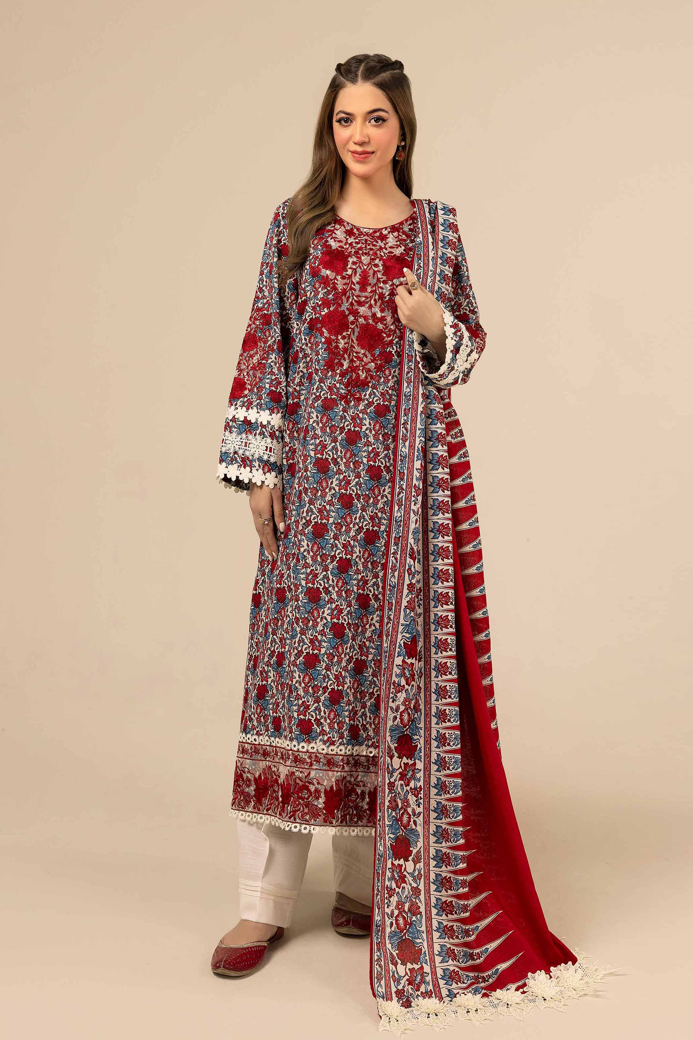 NishatUK - Red Embroidered Khaddar 3-piece unstitched Suit