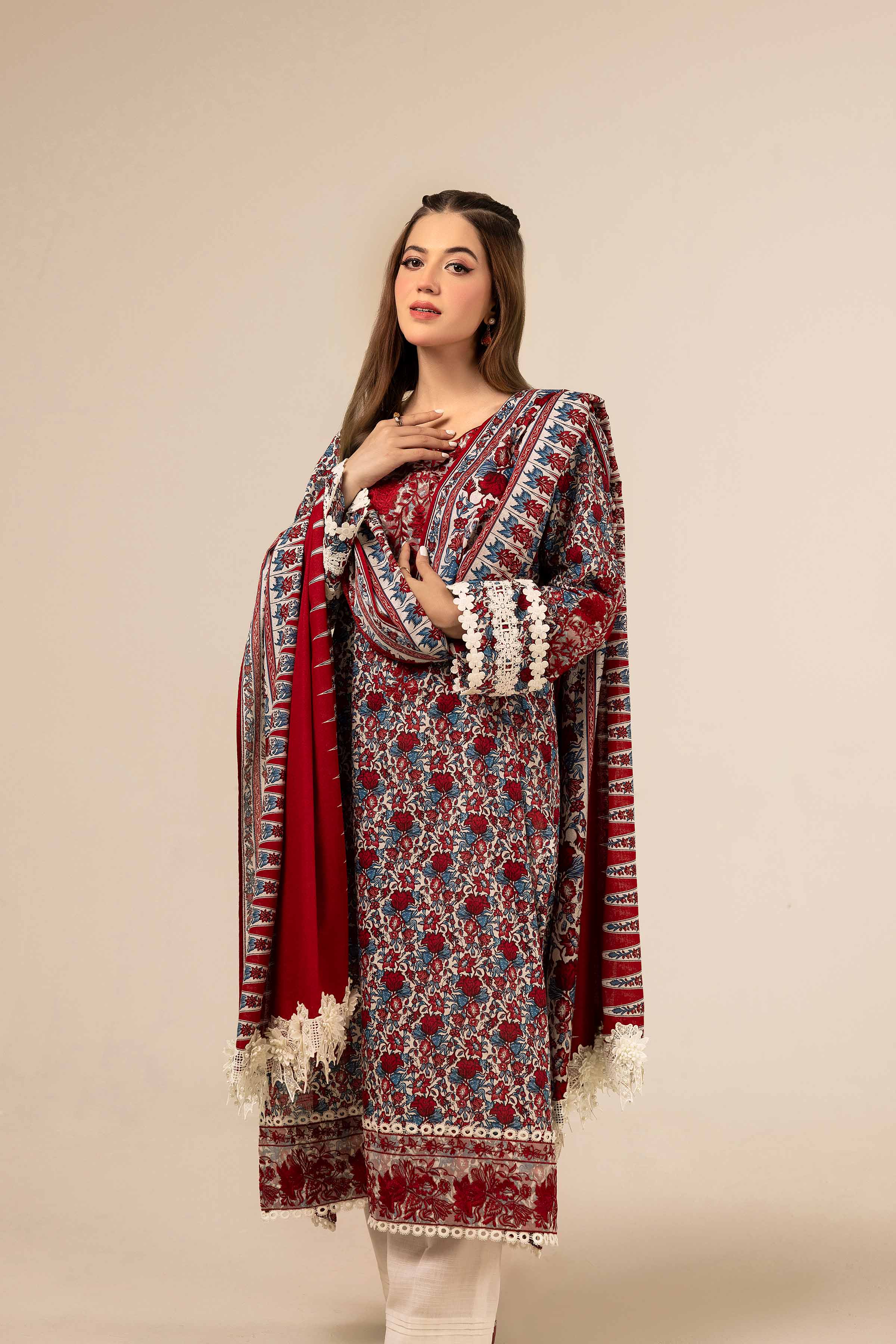 NishatUK - Red Embroidered Khaddar 3-piece unstitched Suit