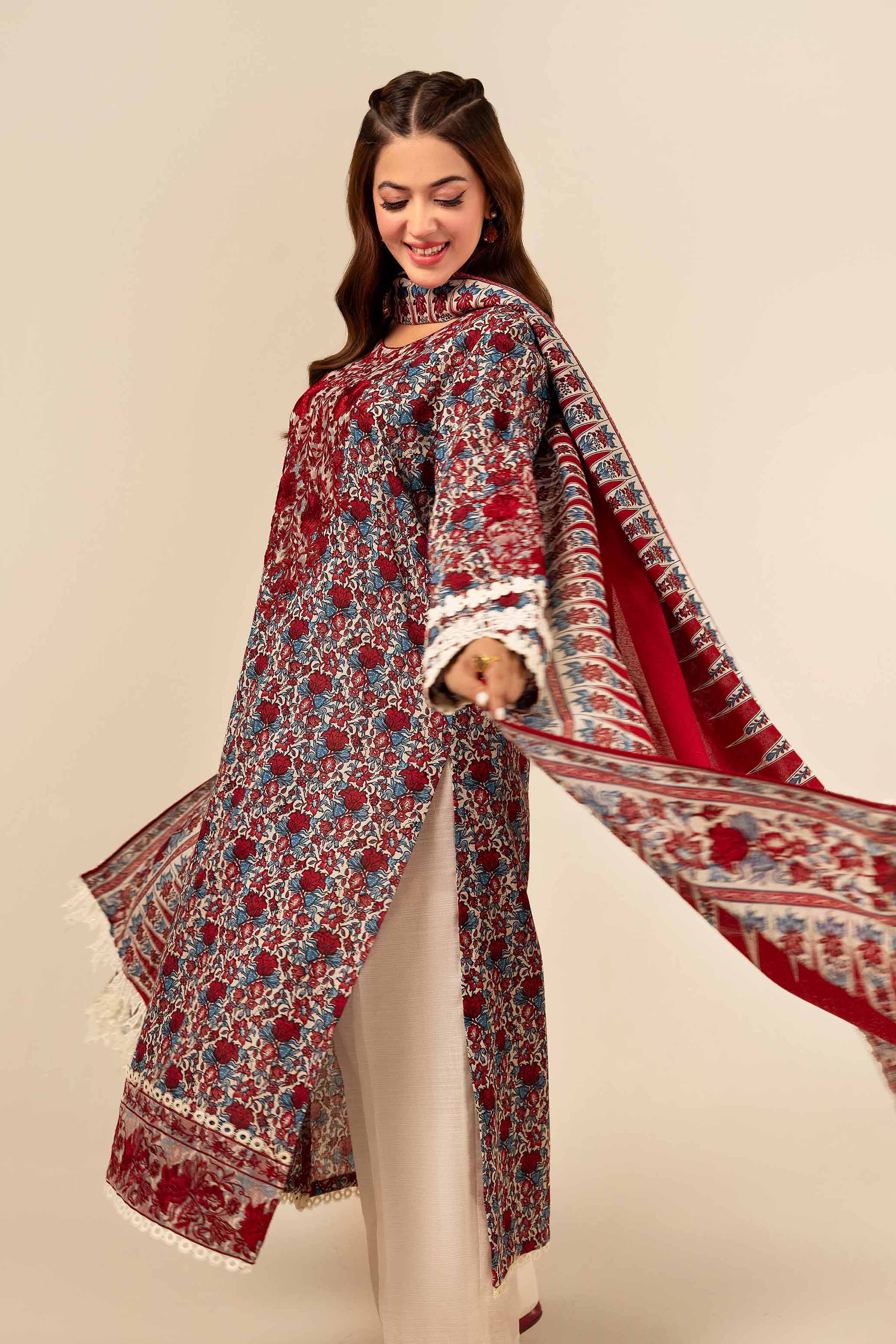 NishatUK - Red Embroidered Khaddar 3-piece unstitched Suit