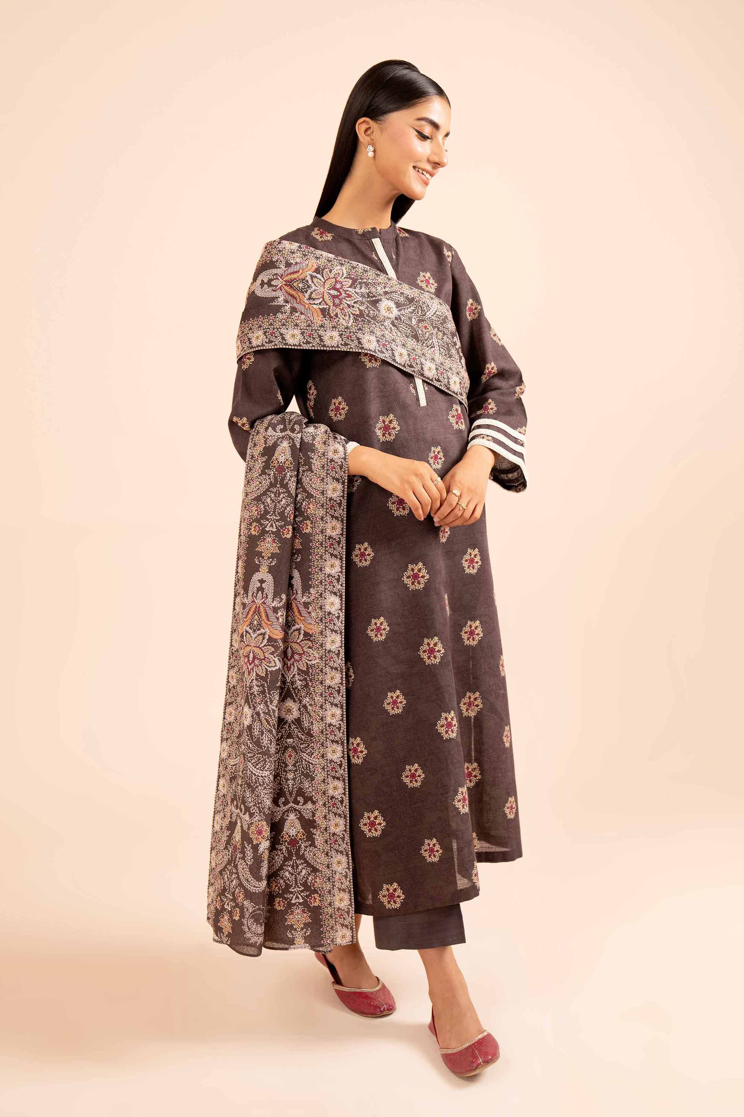 NishatUK - Grey Printed Khaddar 3-piece unstitched Suit