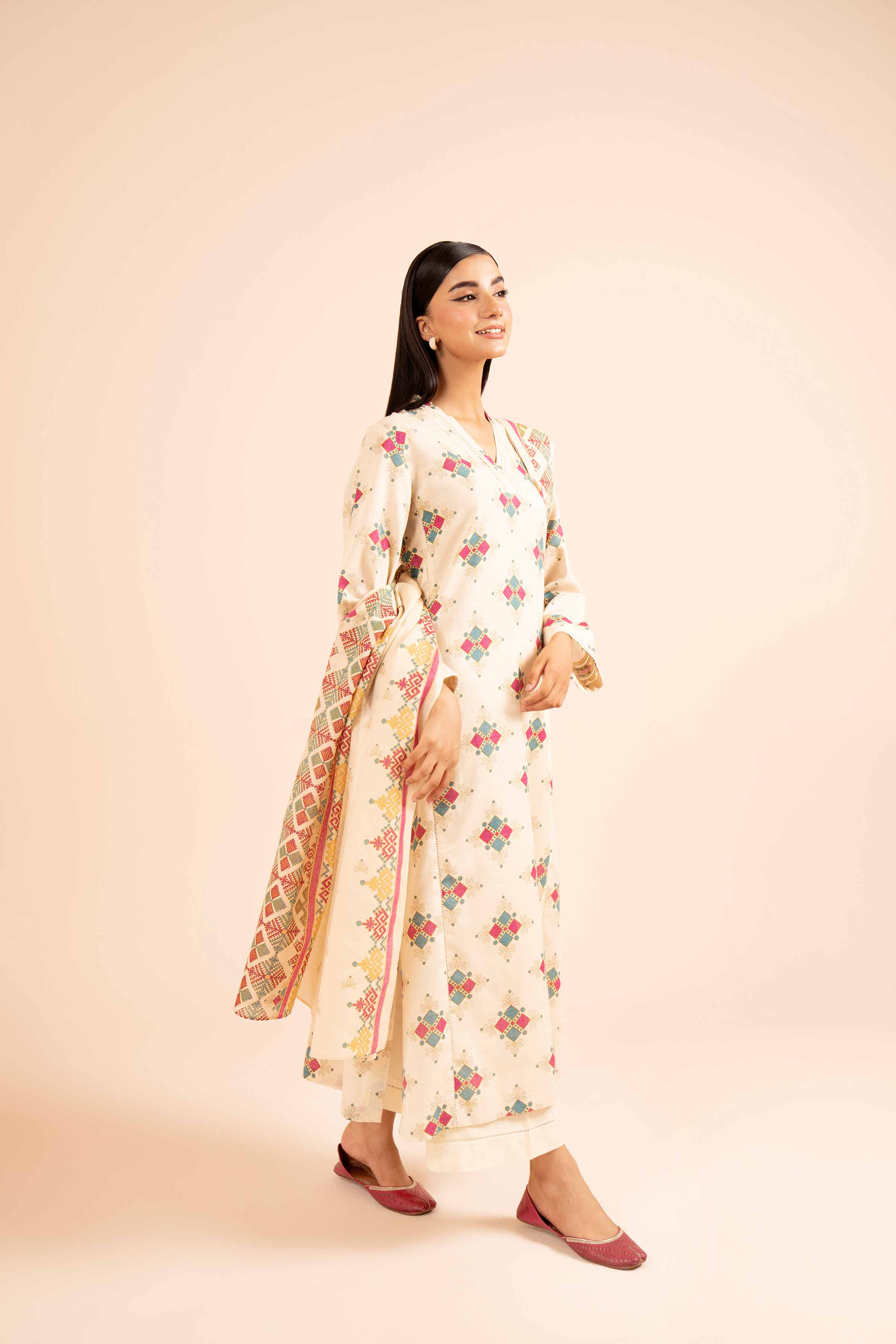 NishatUK - Beige Printed Khaddar 3-piece unstitched Suit