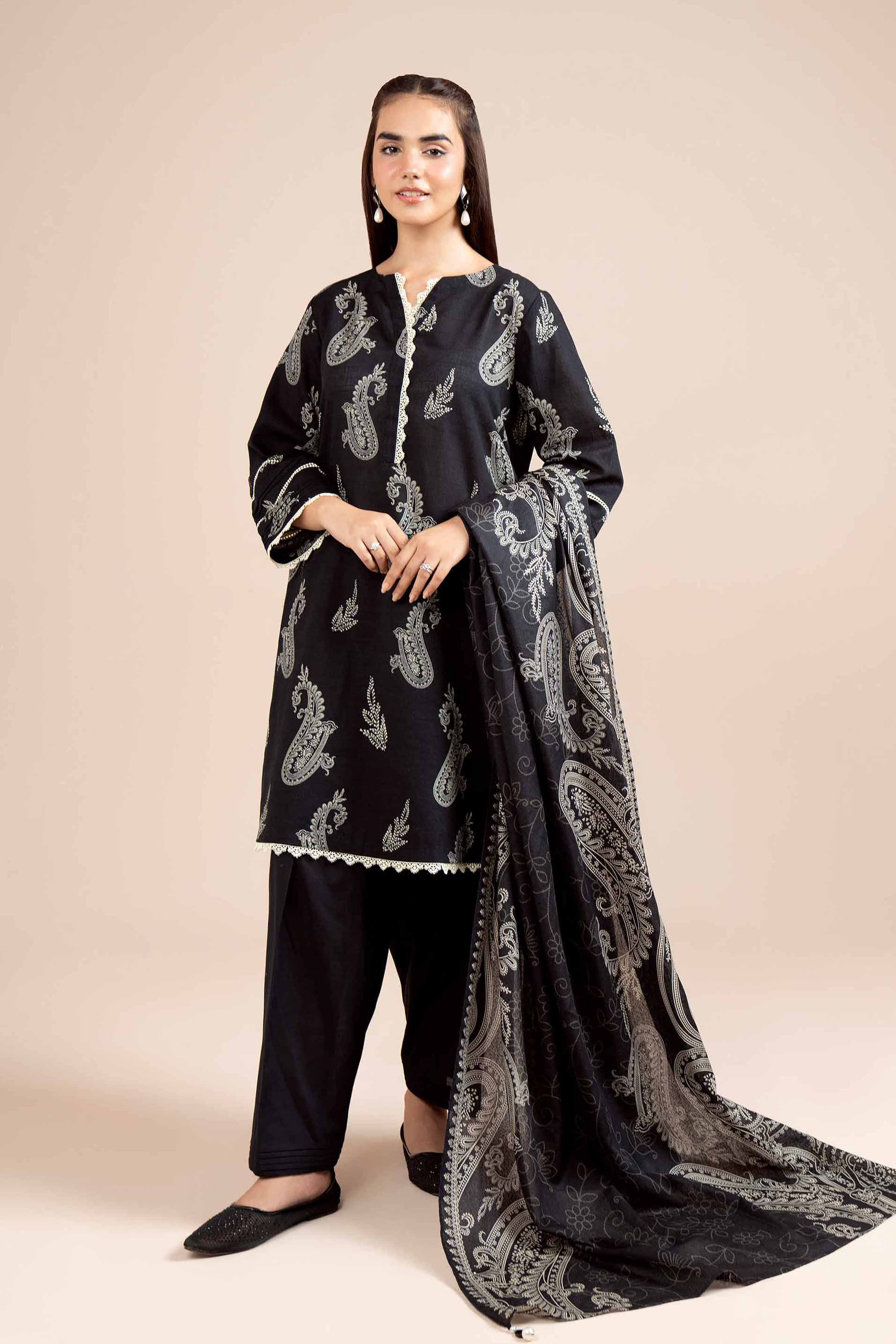 NishatUK - Black Printed Khaddar 3-piece unstitched Suit