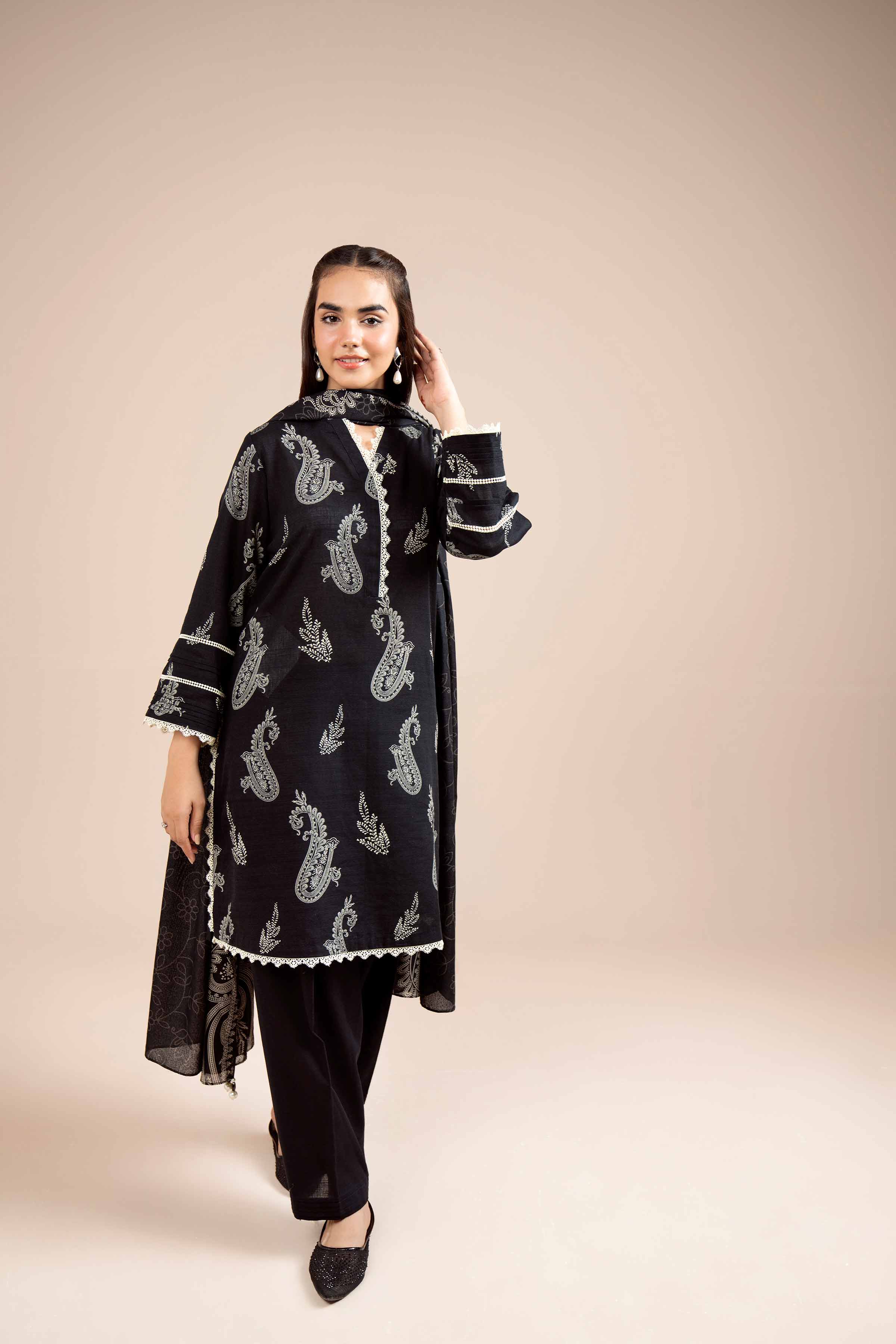 NishatUK - Black Printed Khaddar 3-piece unstitched Suit