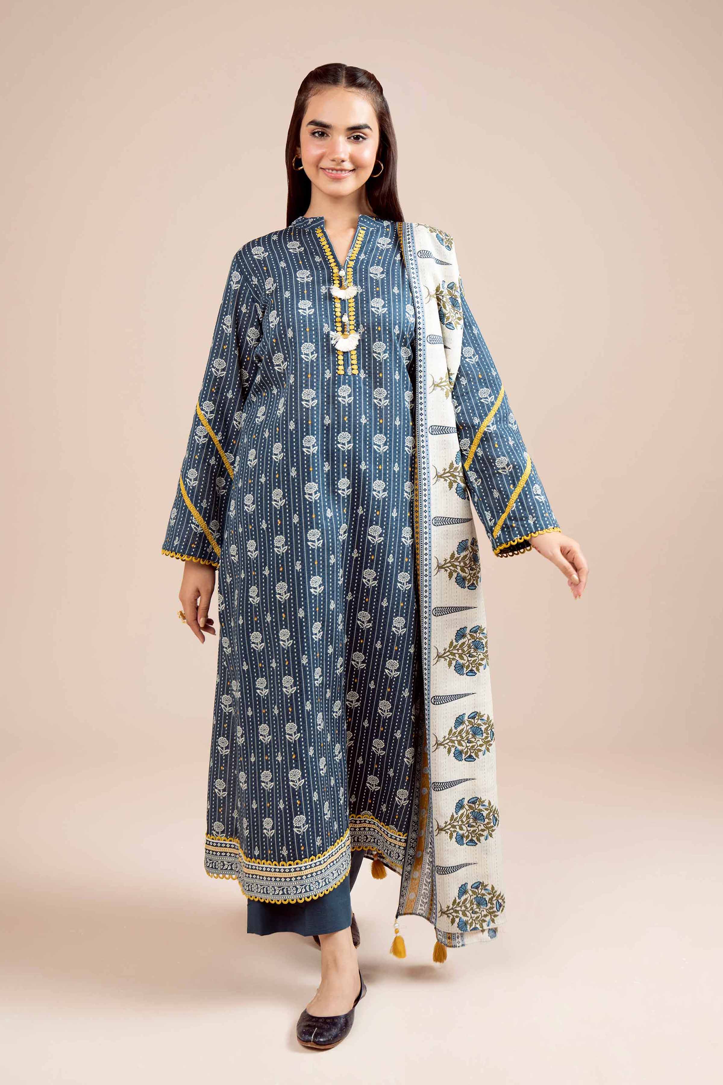 NishatUK - Beige Printed Khaddar 3-piece unstitched Suit