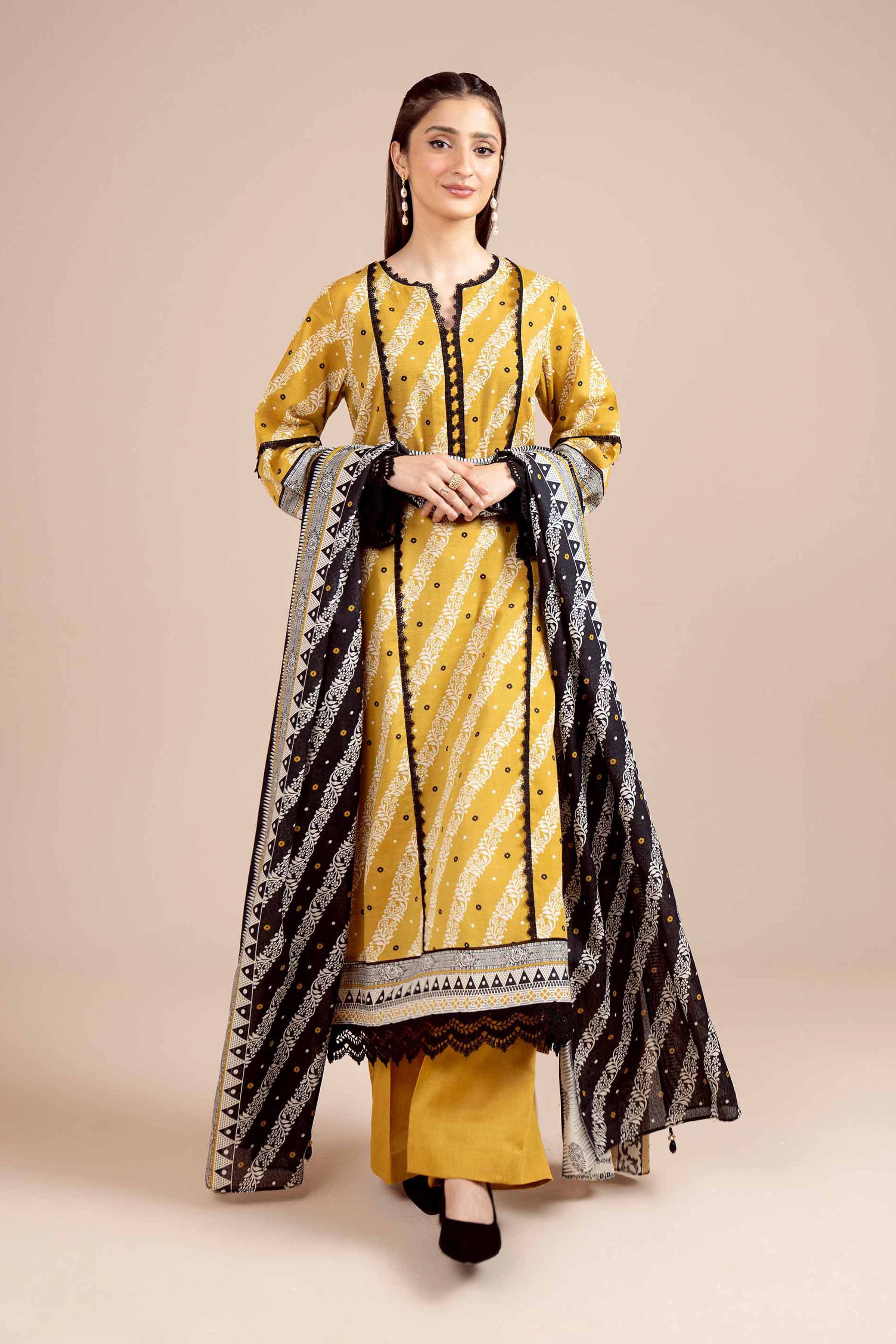 NishatUK - Yellow Ochre Printed Khaddar 3-piece unstitched Suit