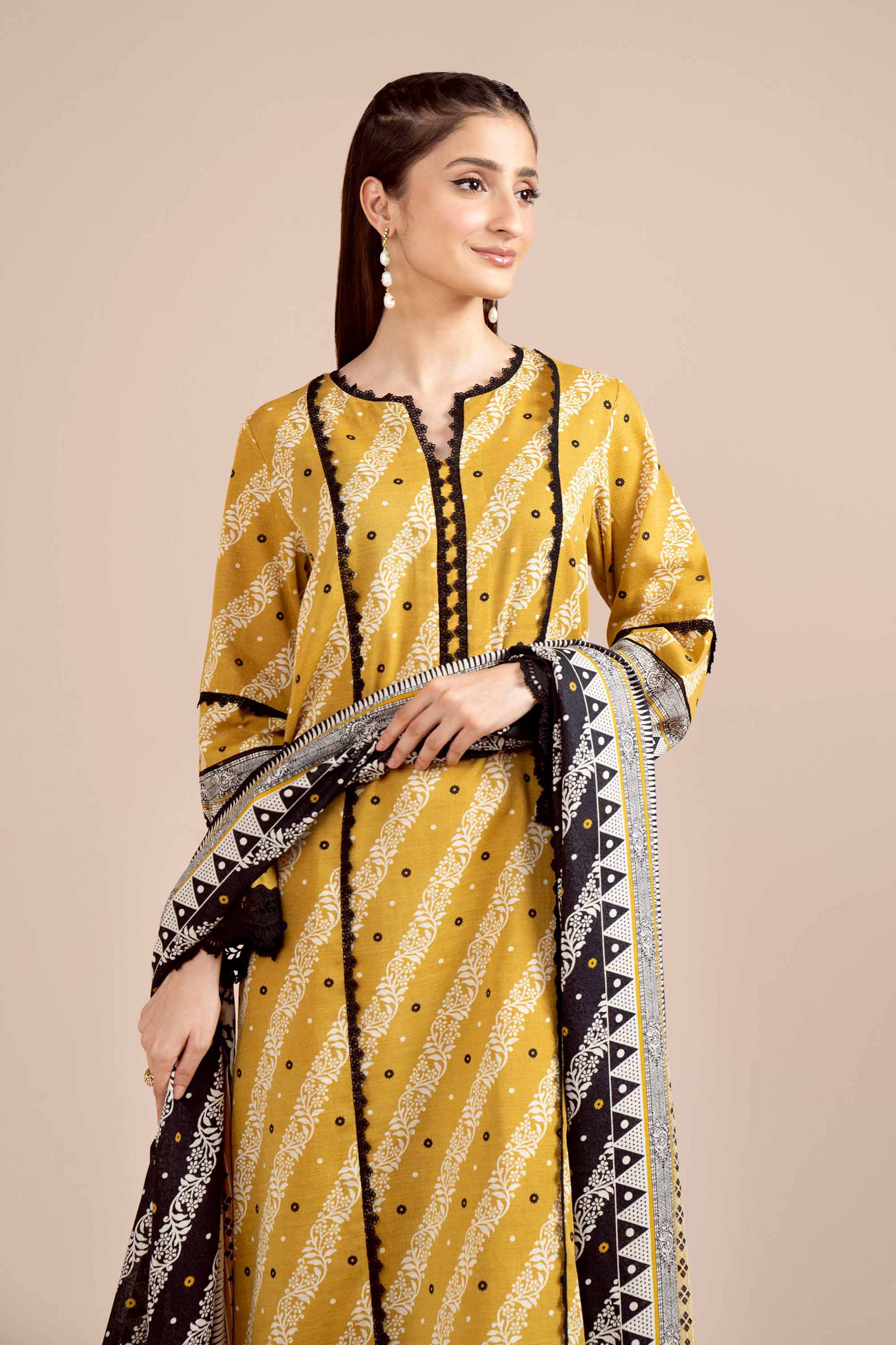 NishatUK - Yellow Ochre Printed Khaddar 3-piece unstitched Suit
