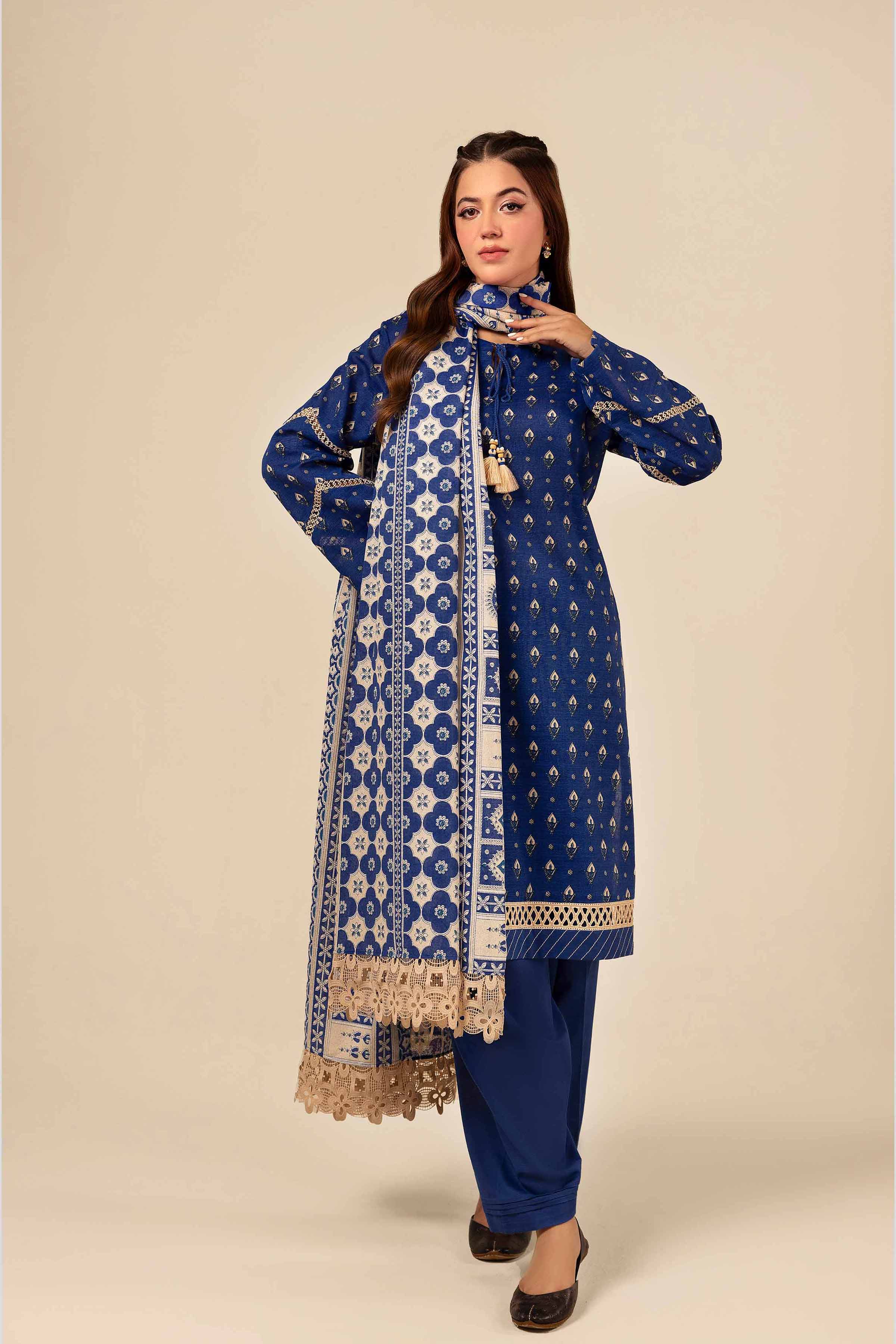 NishatUK - Blue Printed Khaddar 3-piece unstitched Suit