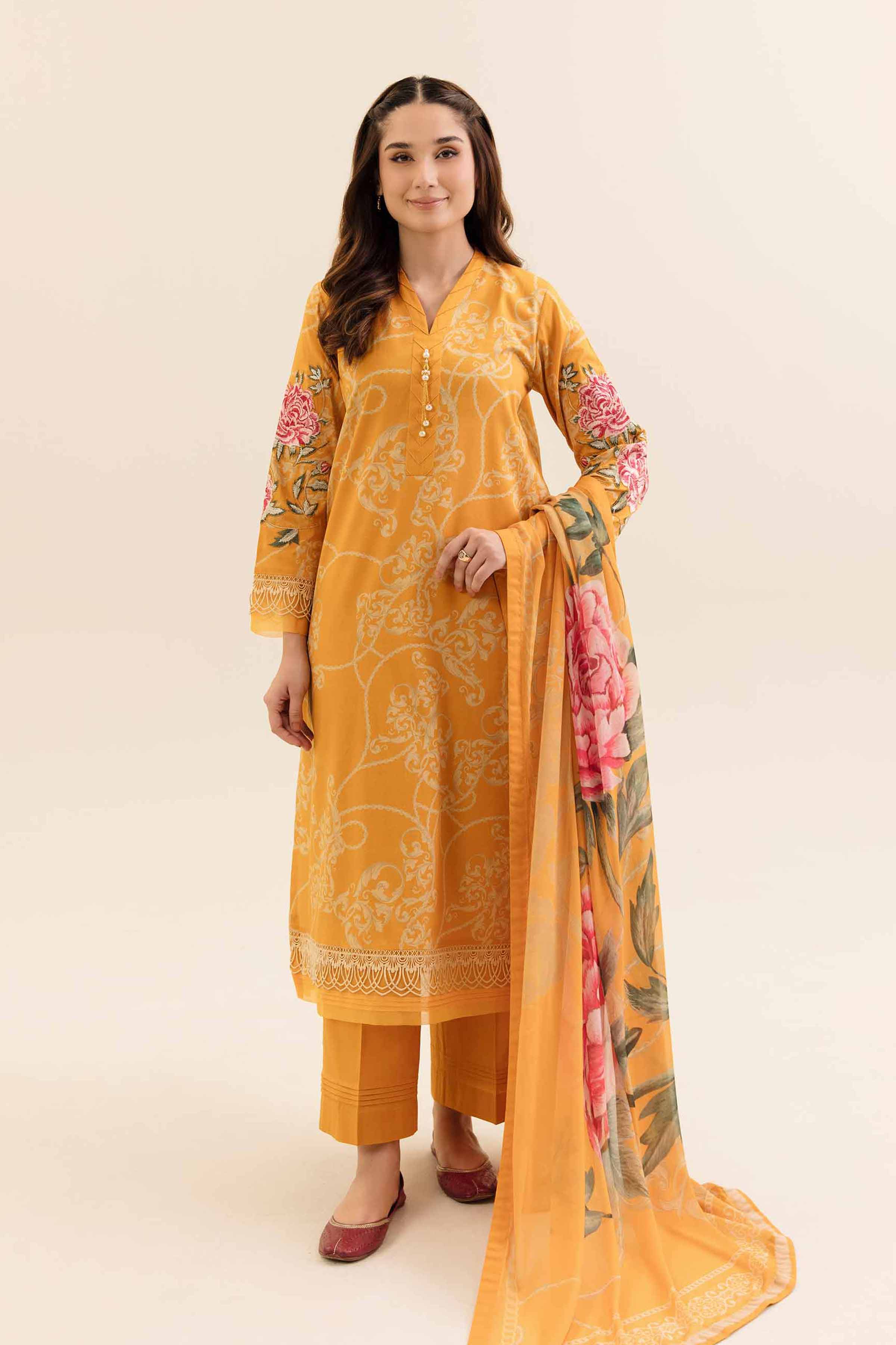 NishatUK - Orange Embroidered Cotton 3-piece unstitched Suit