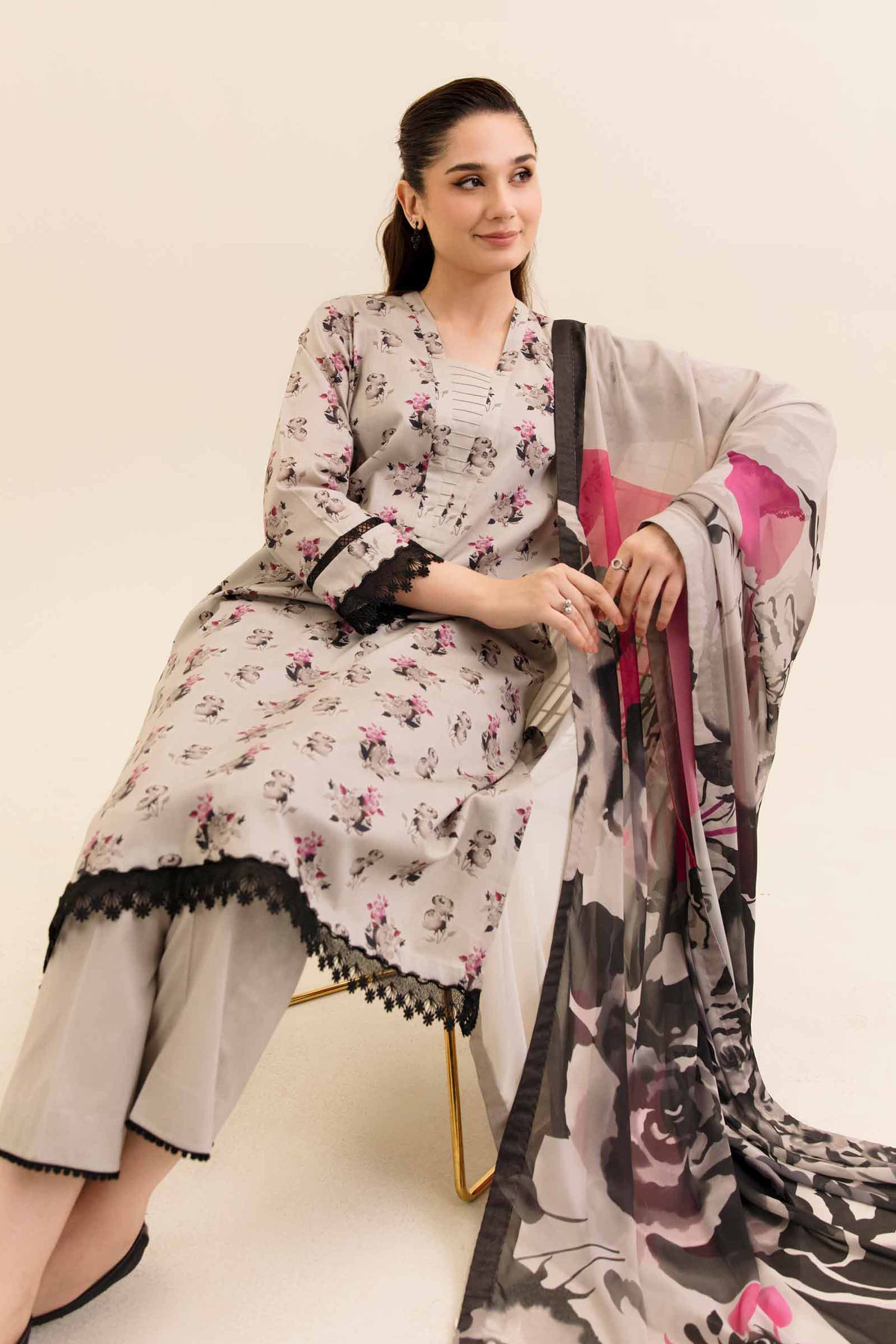 NishatUK - Grey Printed Cotton 3-piece unstitched Suit