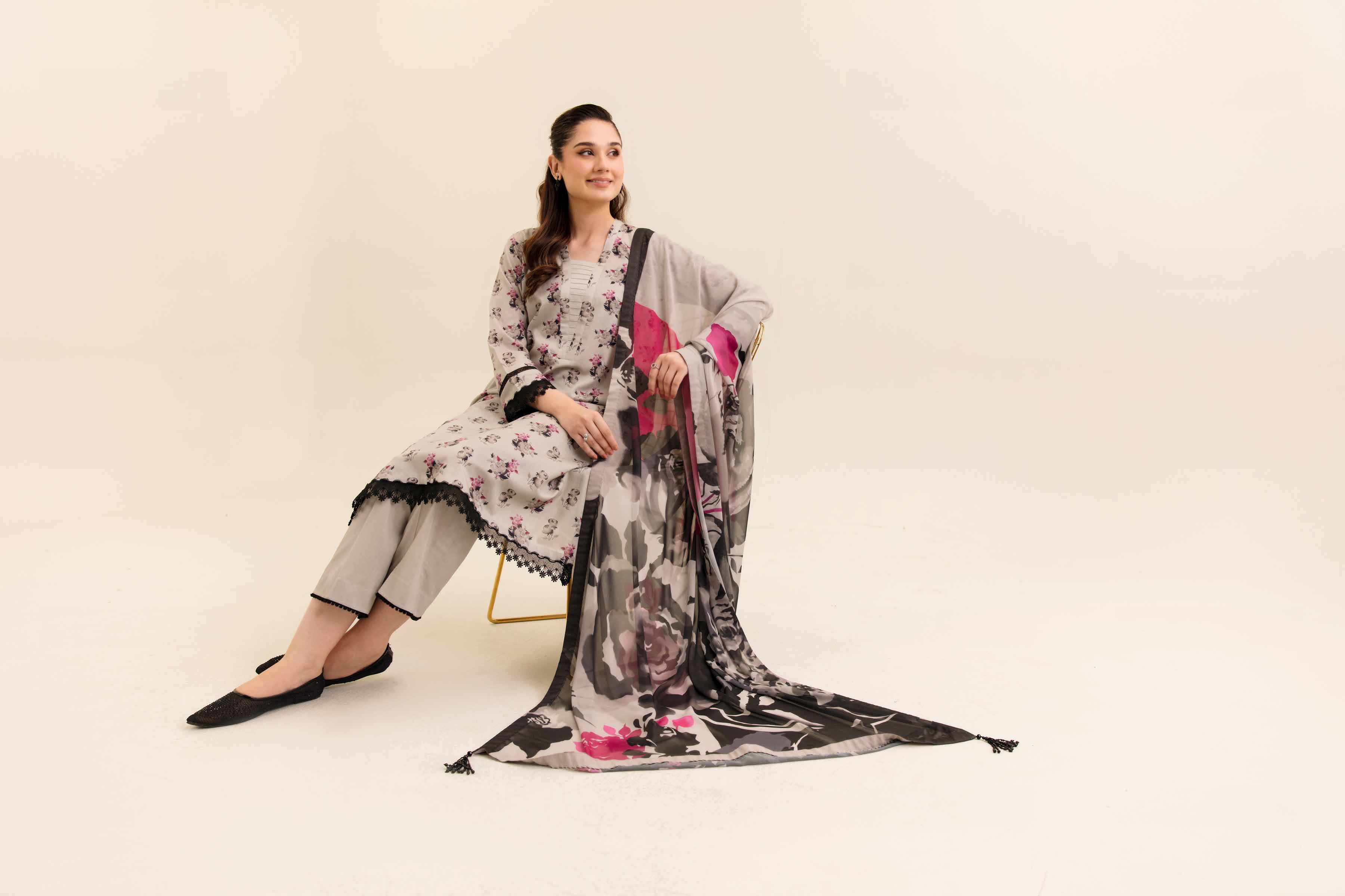 NishatUK - Grey Printed Cotton 3-piece unstitched Suit