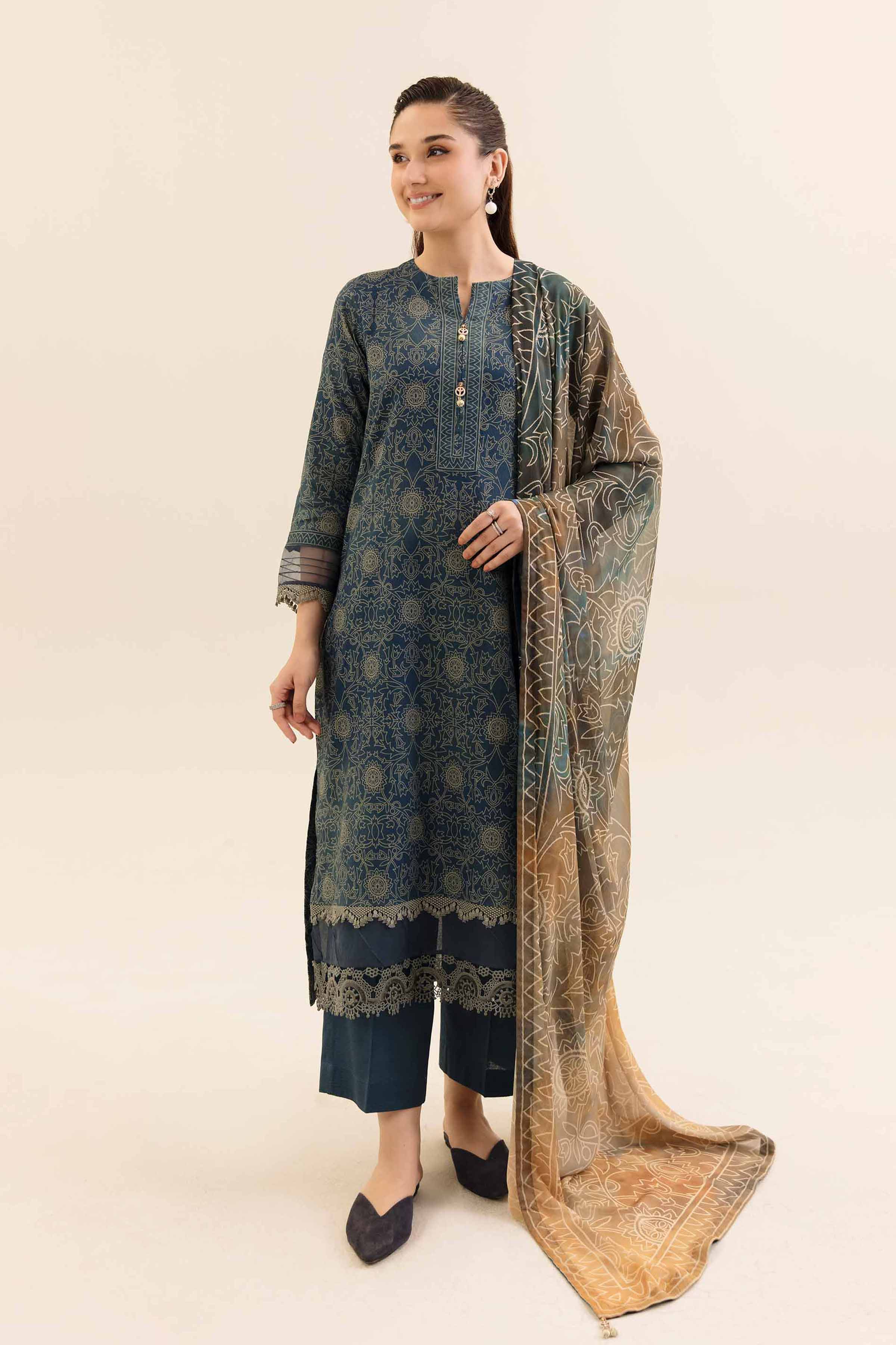 NishatUK - Blue Printed Cotton 3-piece unstitched Suit