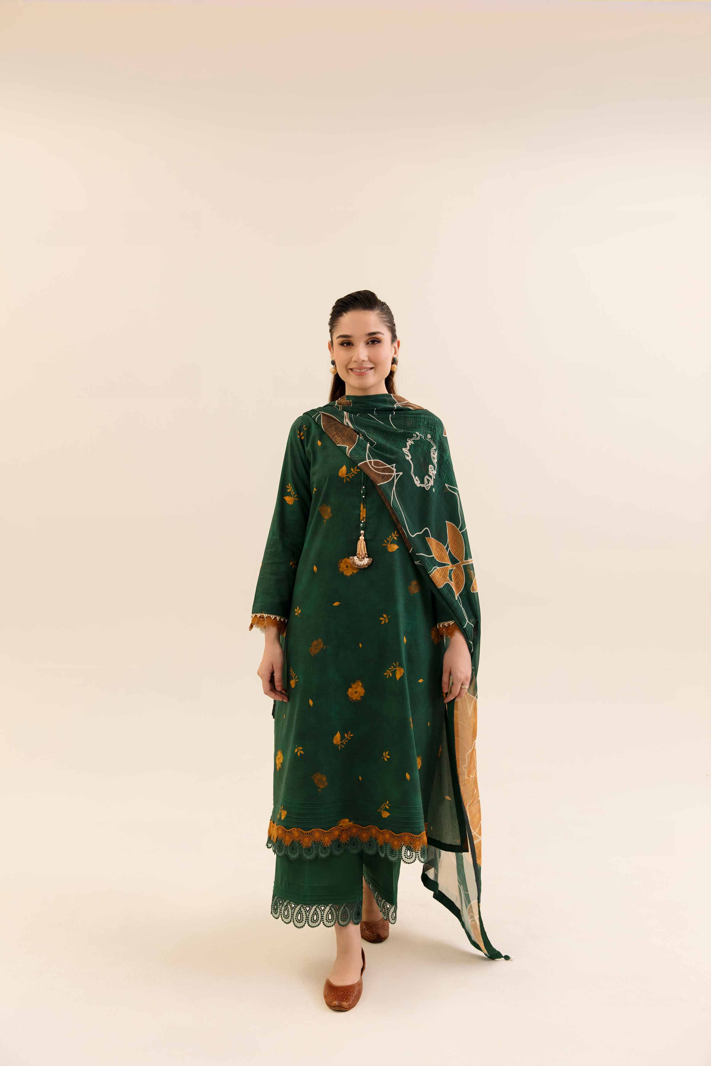NishatUK - Green Printed Cotton 3-piece unstitched Suit