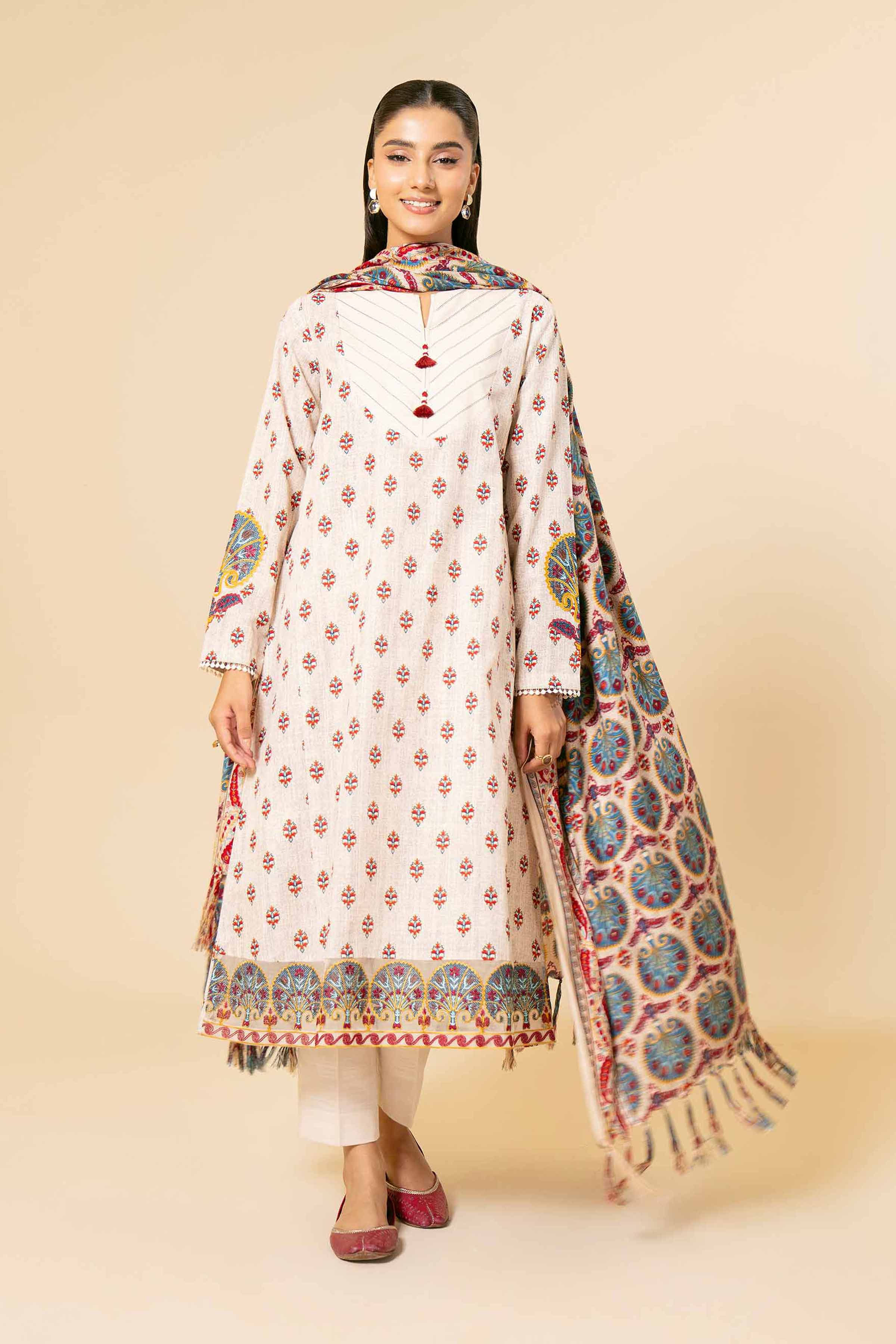 NishatUK - Beige Embroidered Khaddar 3-piece unstitched Suit