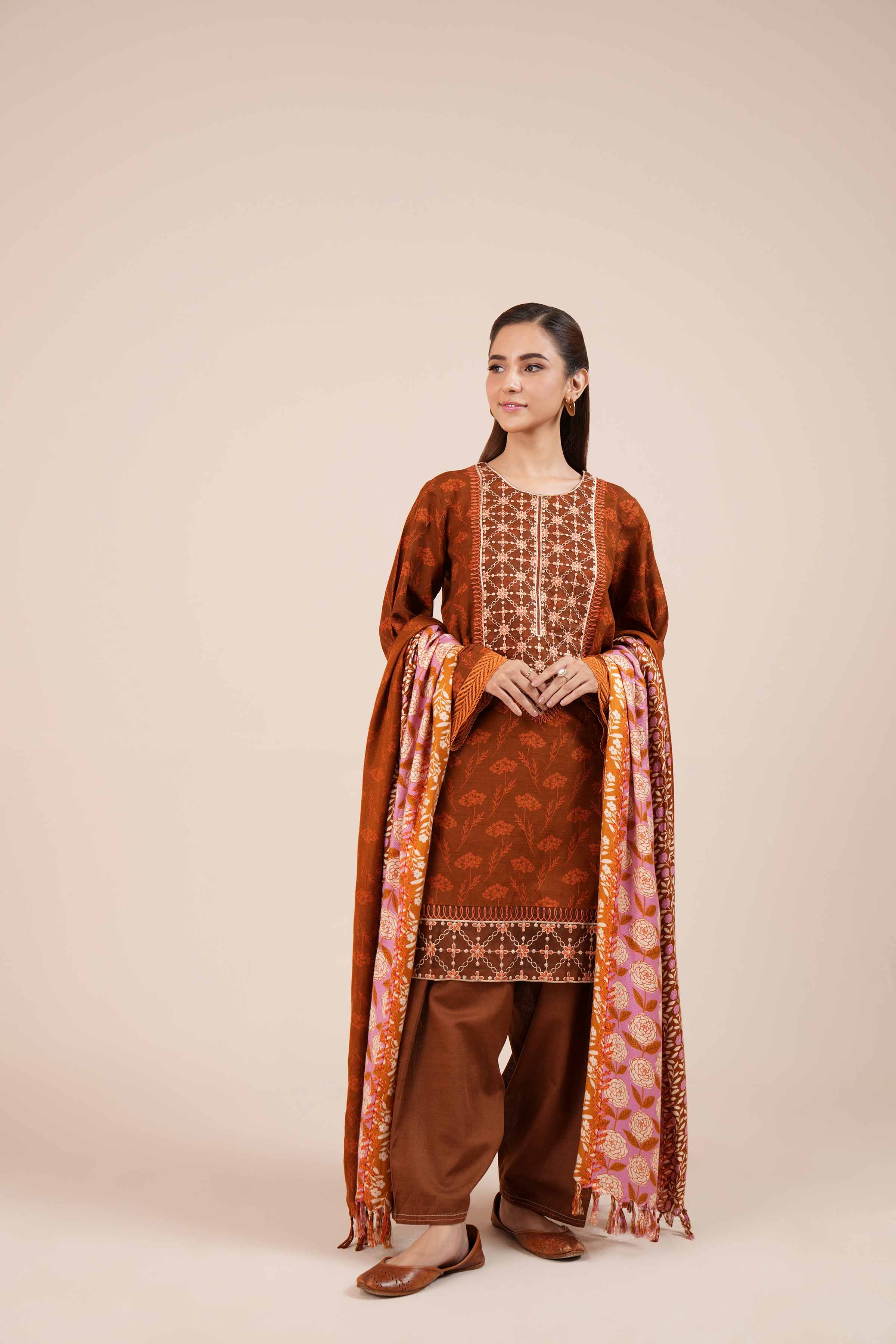 NishatUK - Rust Orange Embroidered Khaddar 3-piece unstitched Suit